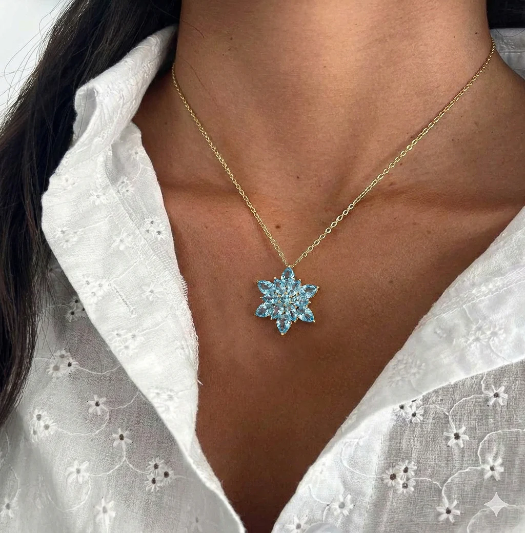 Blue Topaz Pear Floral Pendant Necklace in 925 Sterling Silver 5.70ct - Image 14