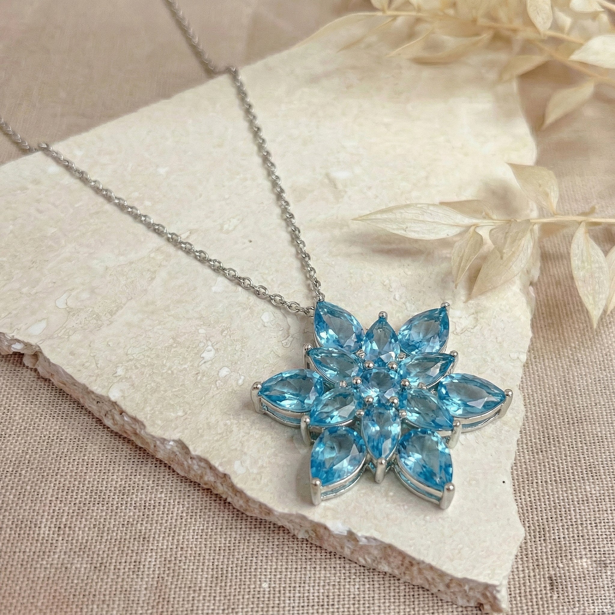 Blue Topaz Pear Floral Pendant Necklace in 925 Sterling Silver 5.70ct - Image 5