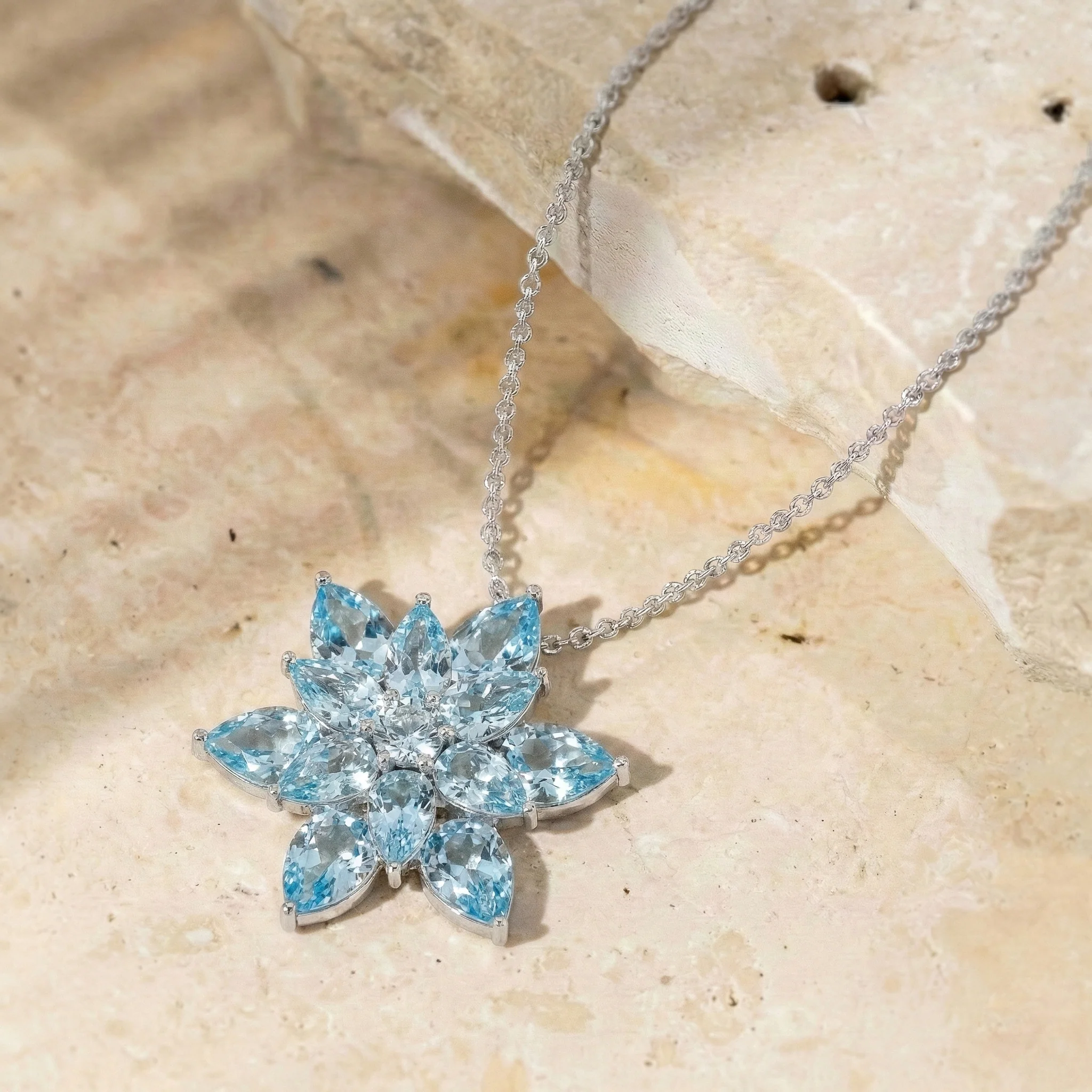Blue Topaz Pear Floral Pendant Necklace in 925 Sterling Silver 5.70ct - Image 6