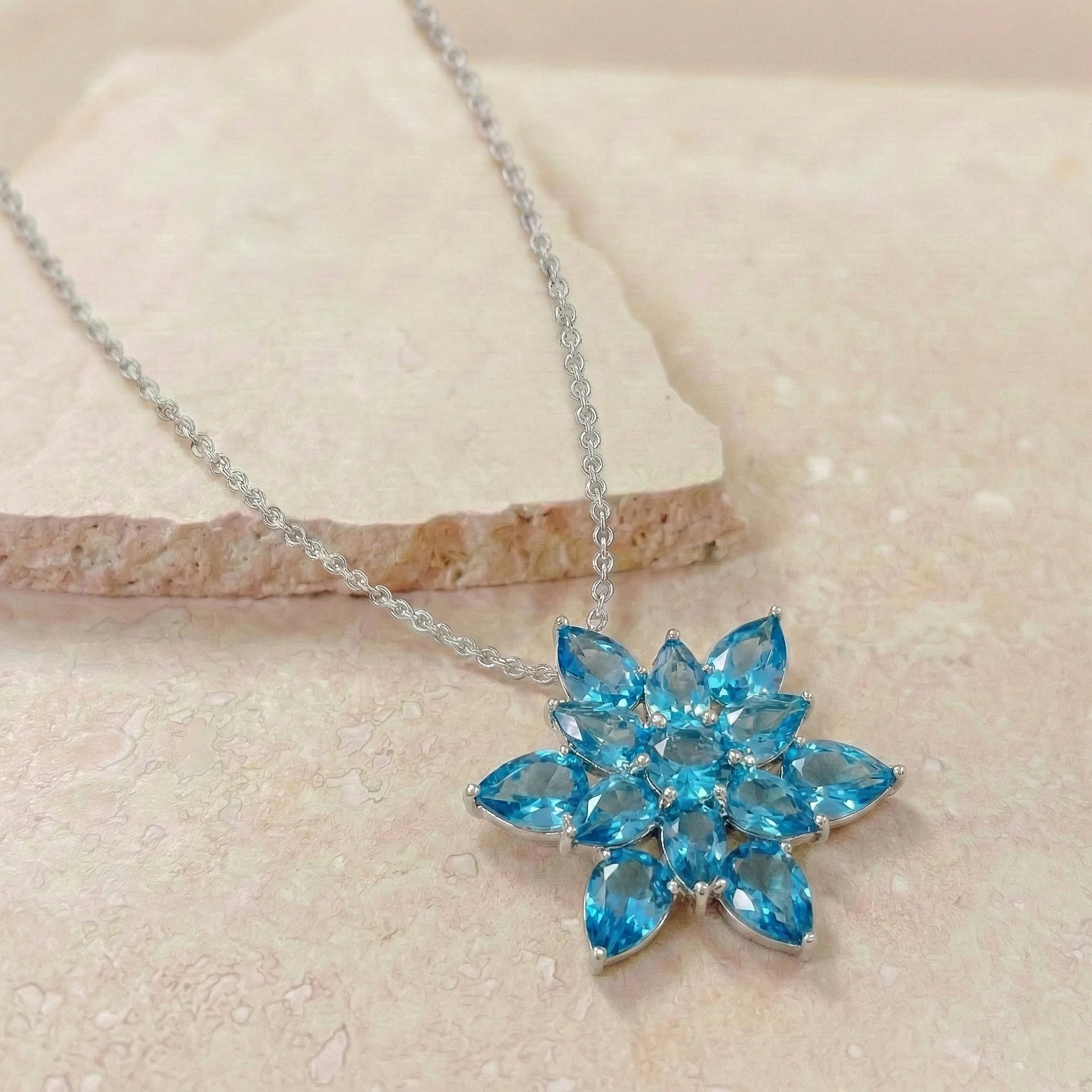 Blue Topaz Pear Floral Pendant Necklace in 925 Sterling Silver 5.70ct - Image 7