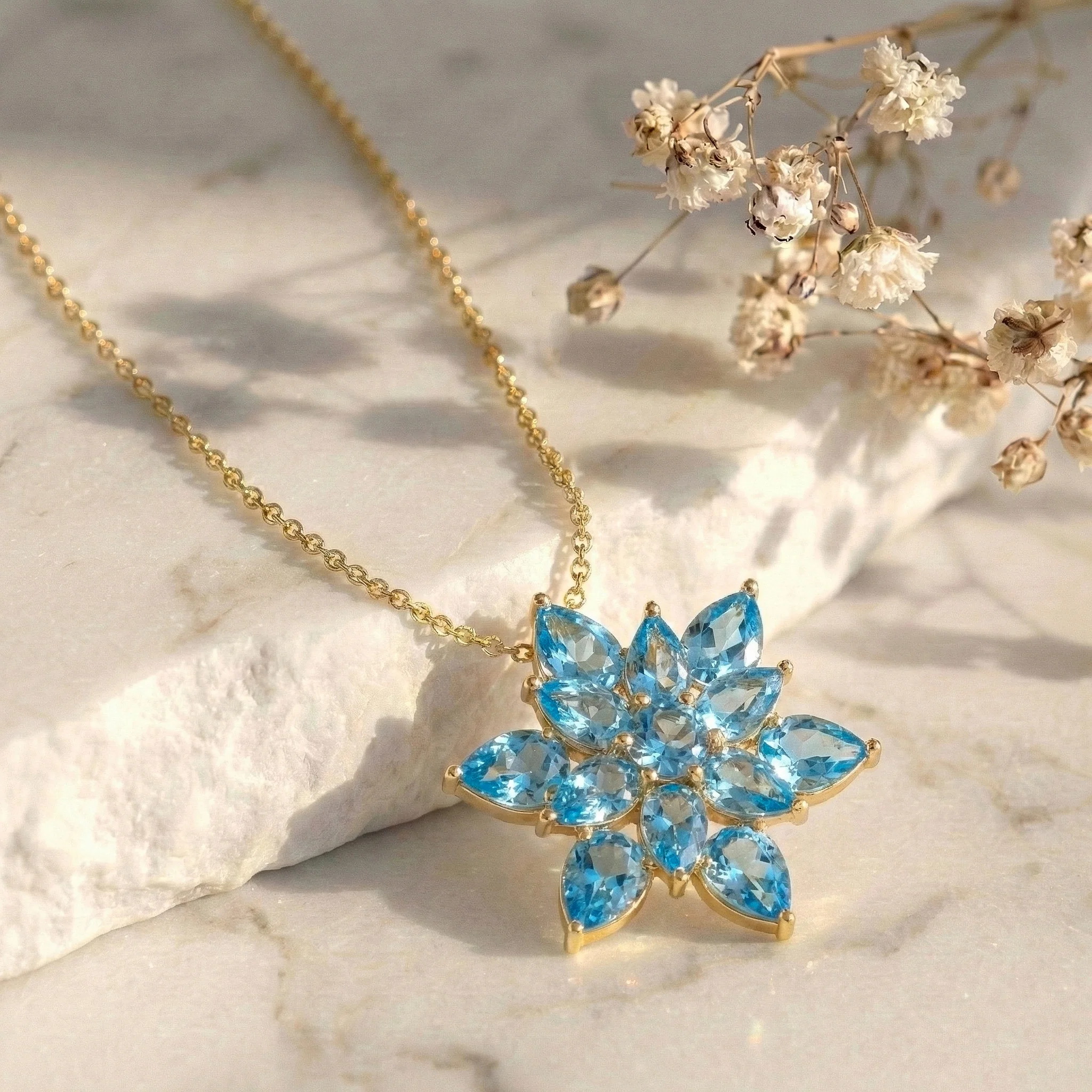 Blue Topaz Pear Floral Pendant Necklace in 925 Sterling Silver 5.70ct - Image 9