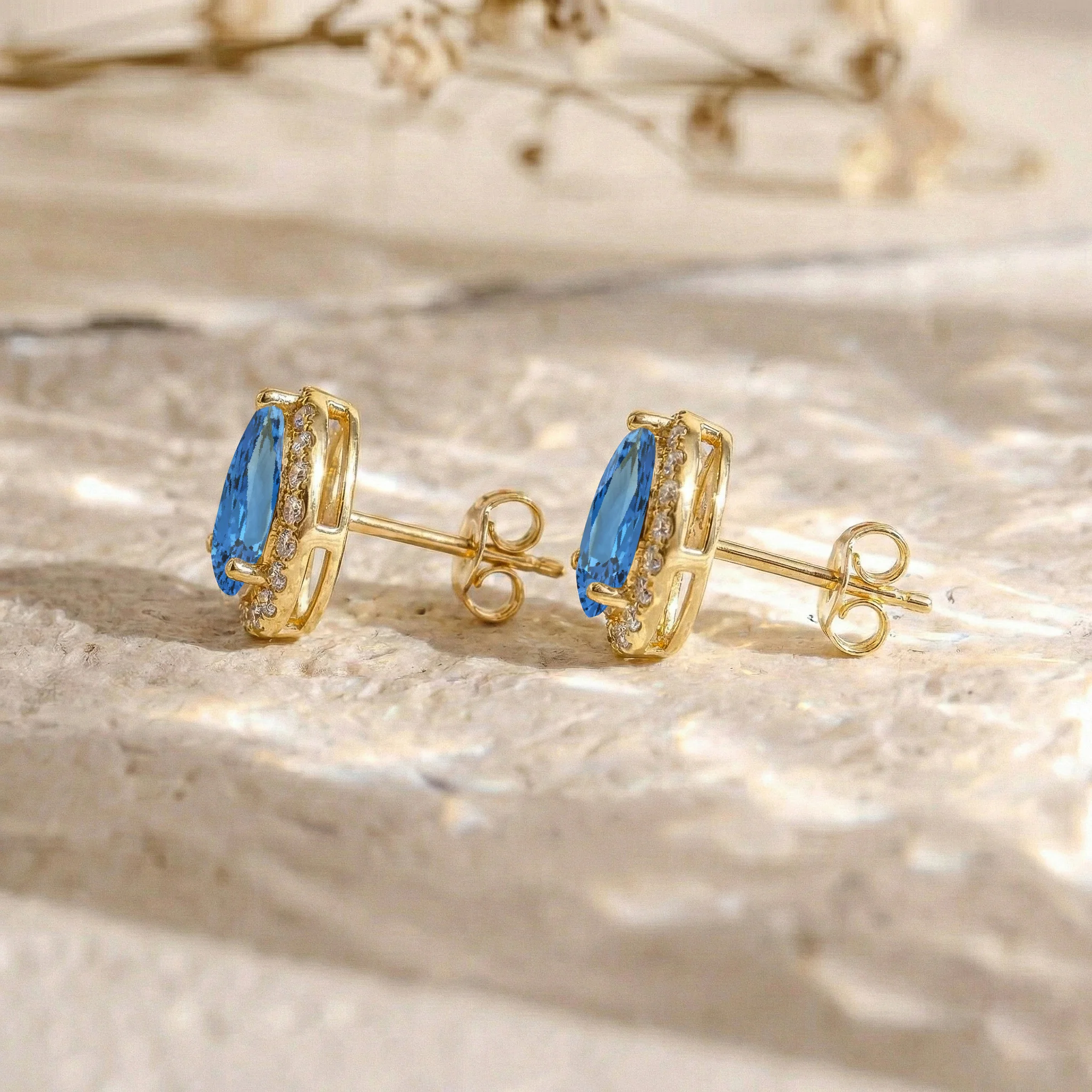 Blue Topaz Pear Halo Stud Earrings in 925 Sterling Silver 1ct - Image 8