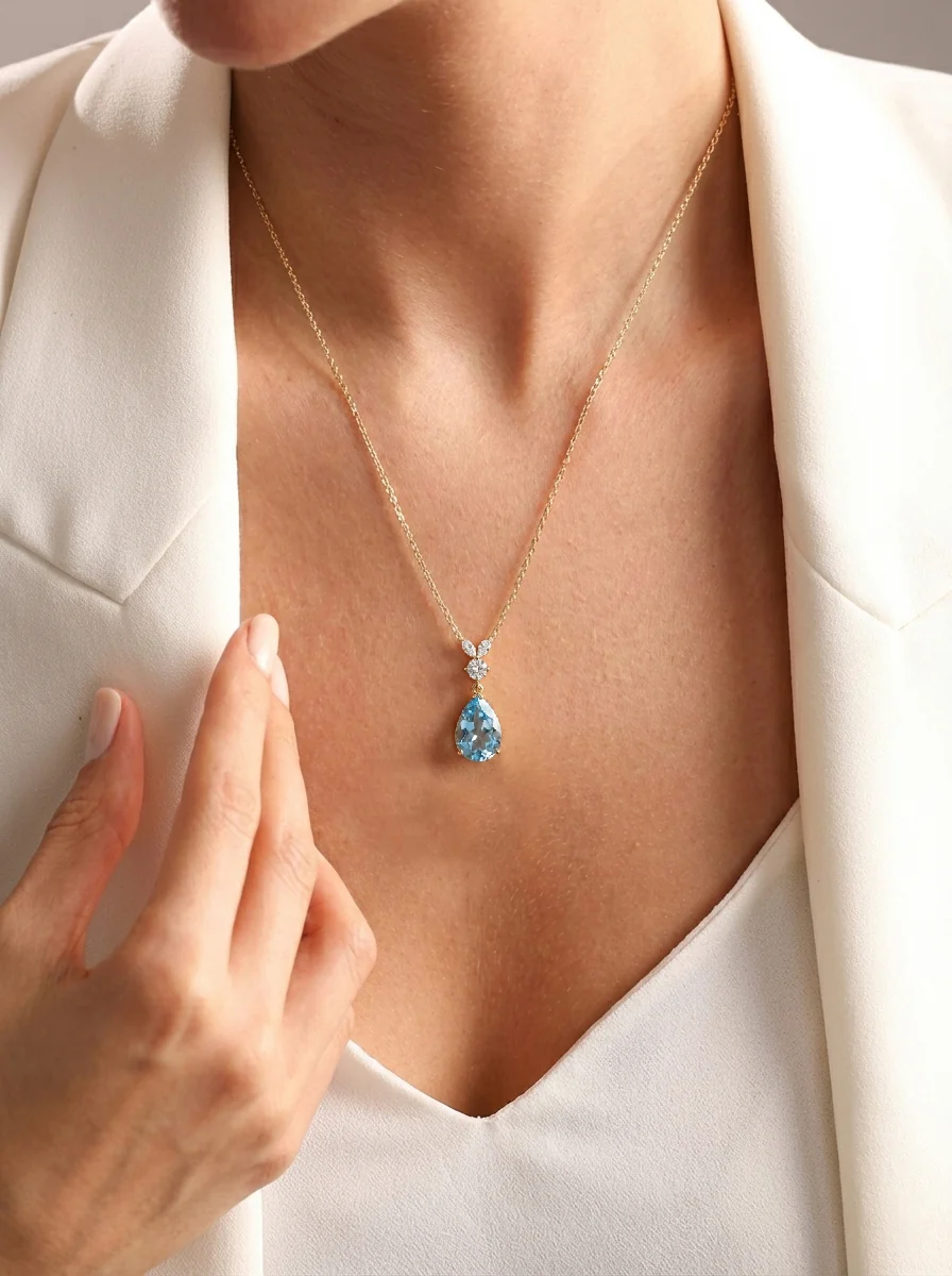 Blue Topaz Pear Teardrop Pendant Necklace in 925 Sterling Silver 1.7ct - Image 12