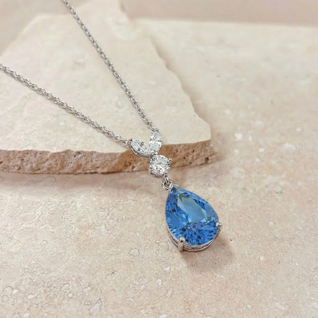 Blue Topaz Pear Teardrop Pendant Necklace in 925 Sterling Silver 1.7ct - Image 3