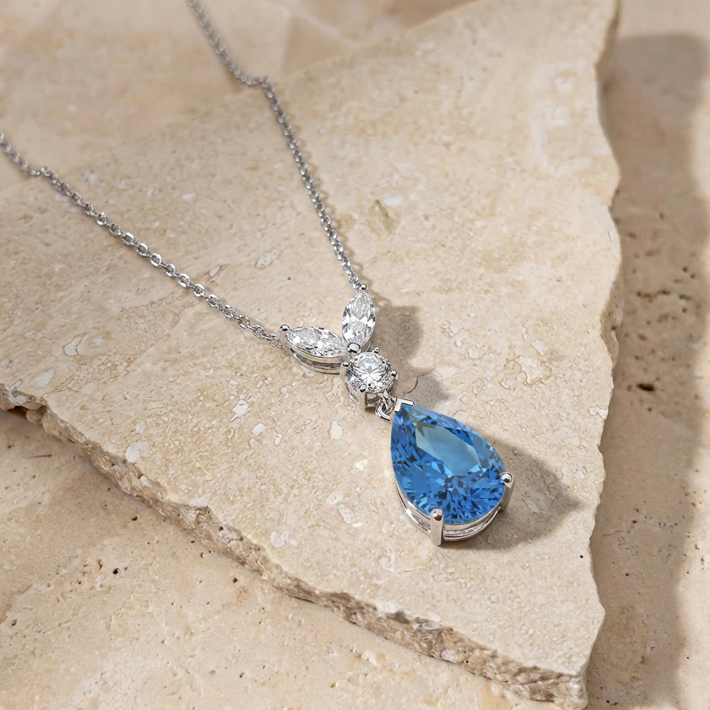 Blue Topaz Pear Teardrop Pendant Necklace in 925 Sterling Silver 1.7ct - Image 4