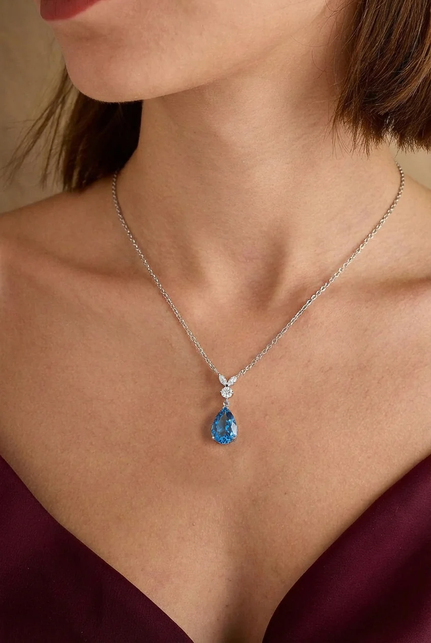 Blue Topaz Pear Teardrop Pendant Necklace in 925 Sterling Silver 1.7ct - Image 5