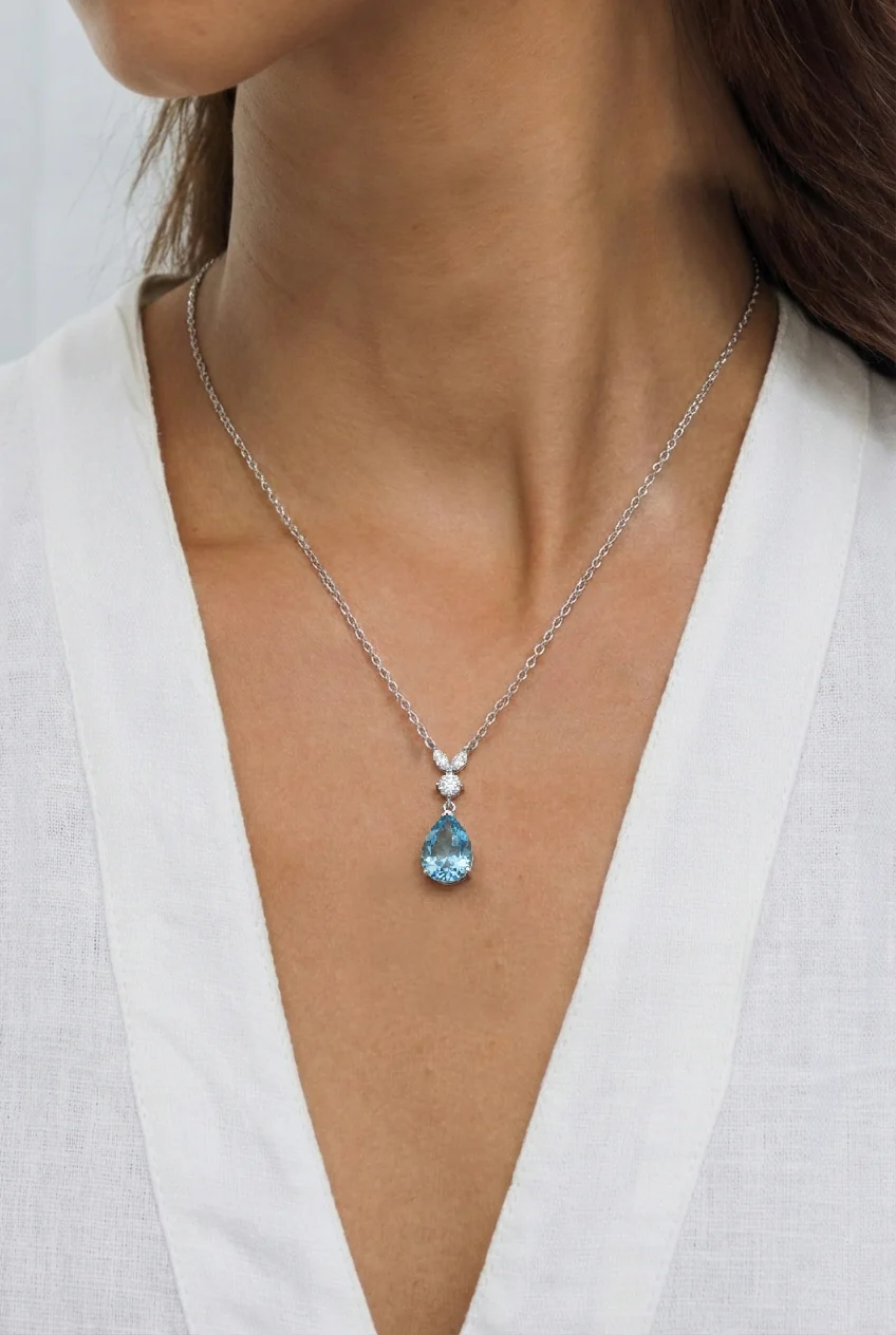 Blue Topaz Pear Teardrop Pendant Necklace in 925 Sterling Silver 1.7ct - Image 6