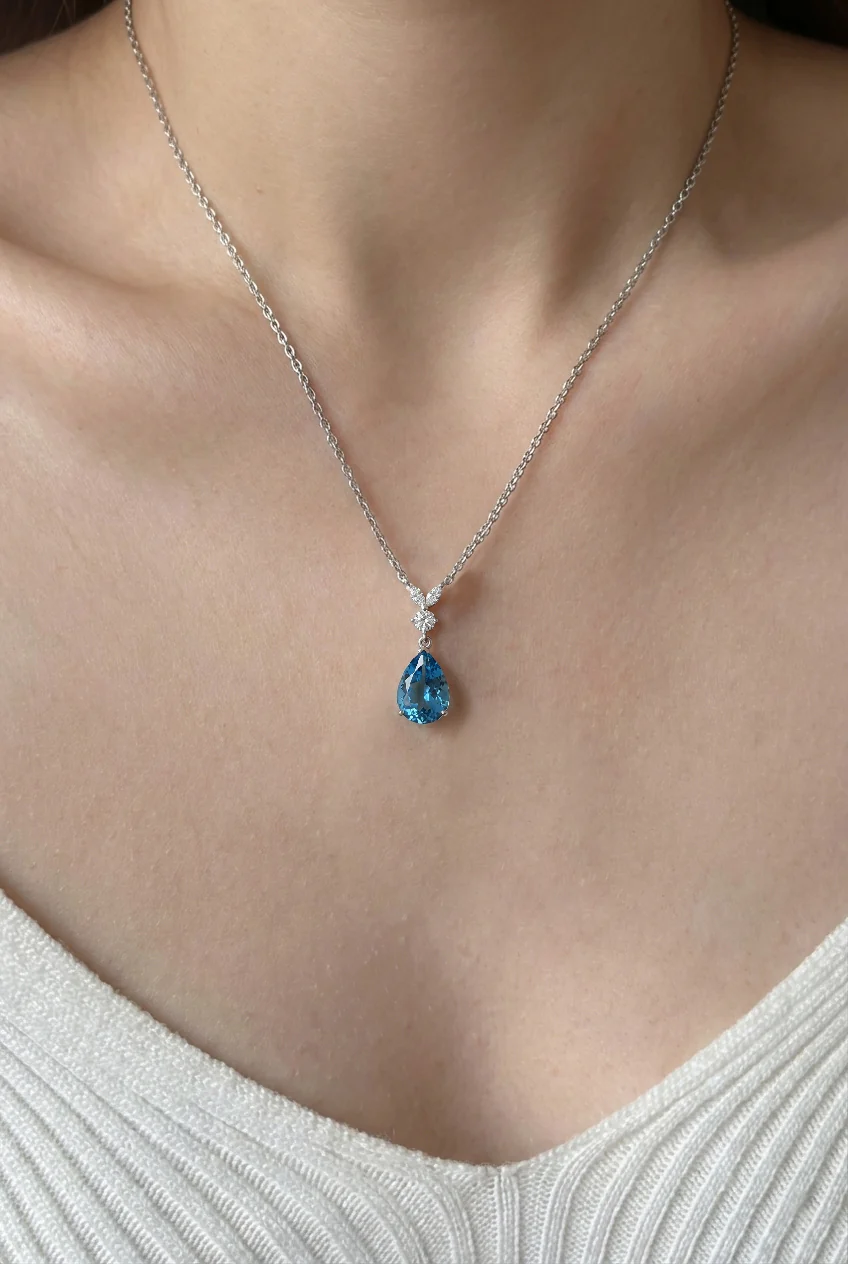 Blue Topaz Pear Teardrop Pendant Necklace in 925 Sterling Silver 1.7ct - Image 7