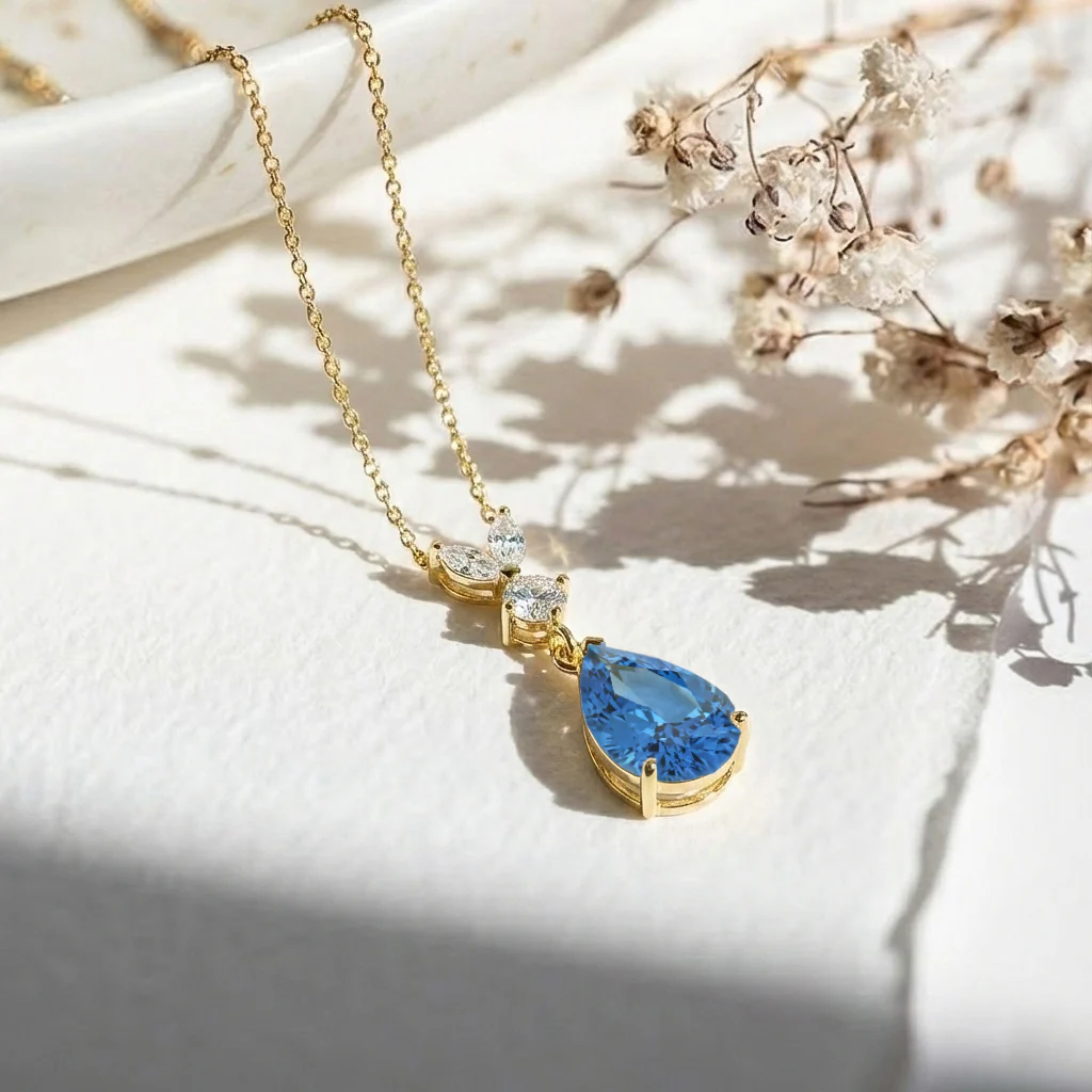Blue Topaz Pear Teardrop Pendant Necklace in 925 Sterling Silver 1.7ct - Image 8