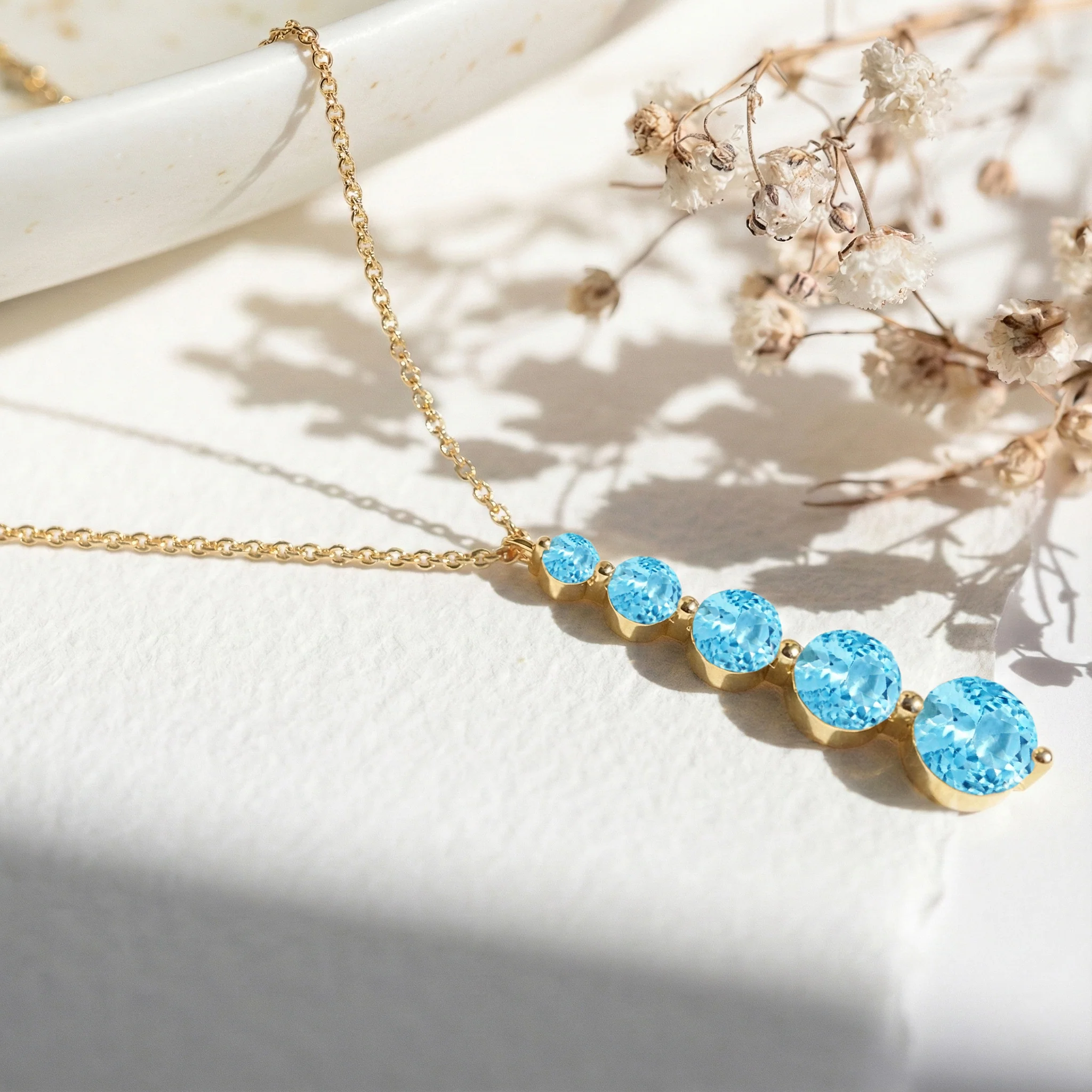 Blue Topaz Round 5 Stone Bar Pendant Necklace in 925 Sterling Silver 3.90ct - Image 10
