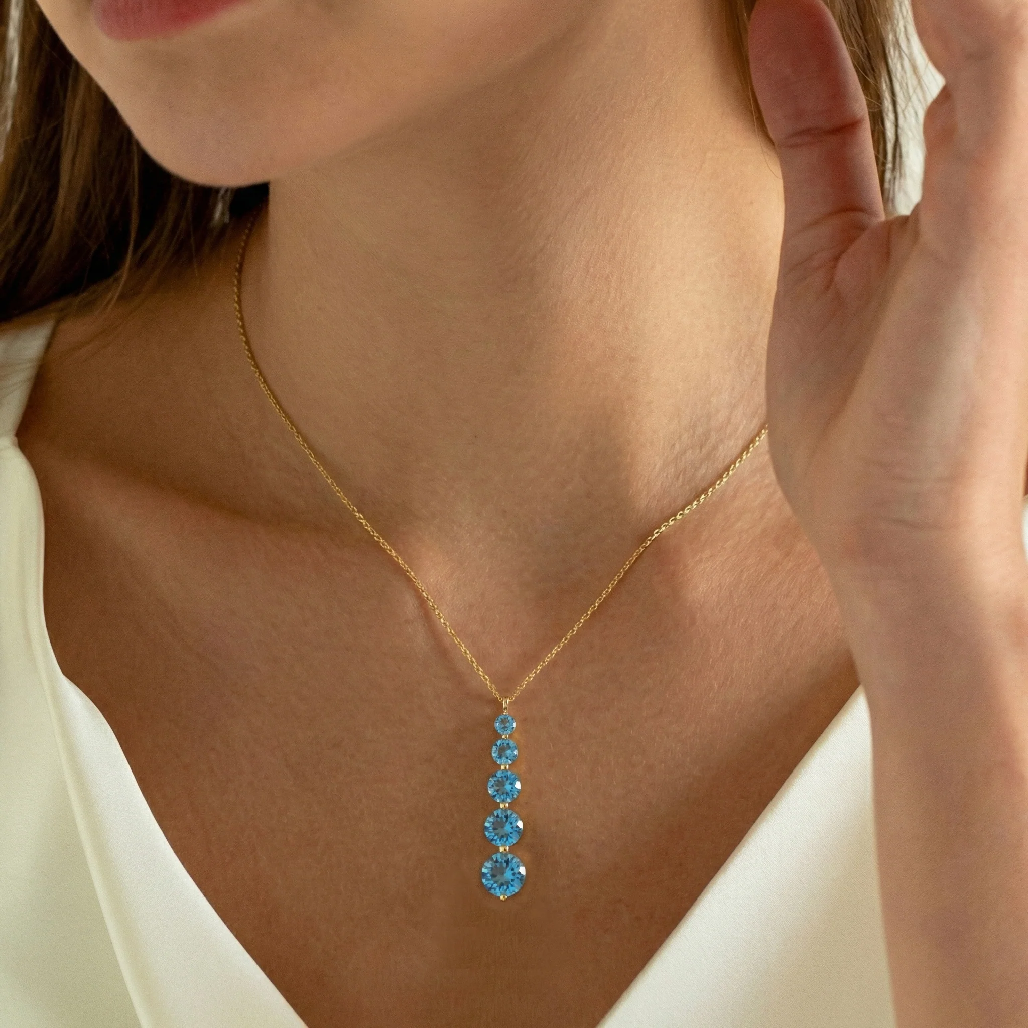 Blue Topaz Round 5 Stone Bar Pendant Necklace in 925 Sterling Silver 3.90ct - Image 12