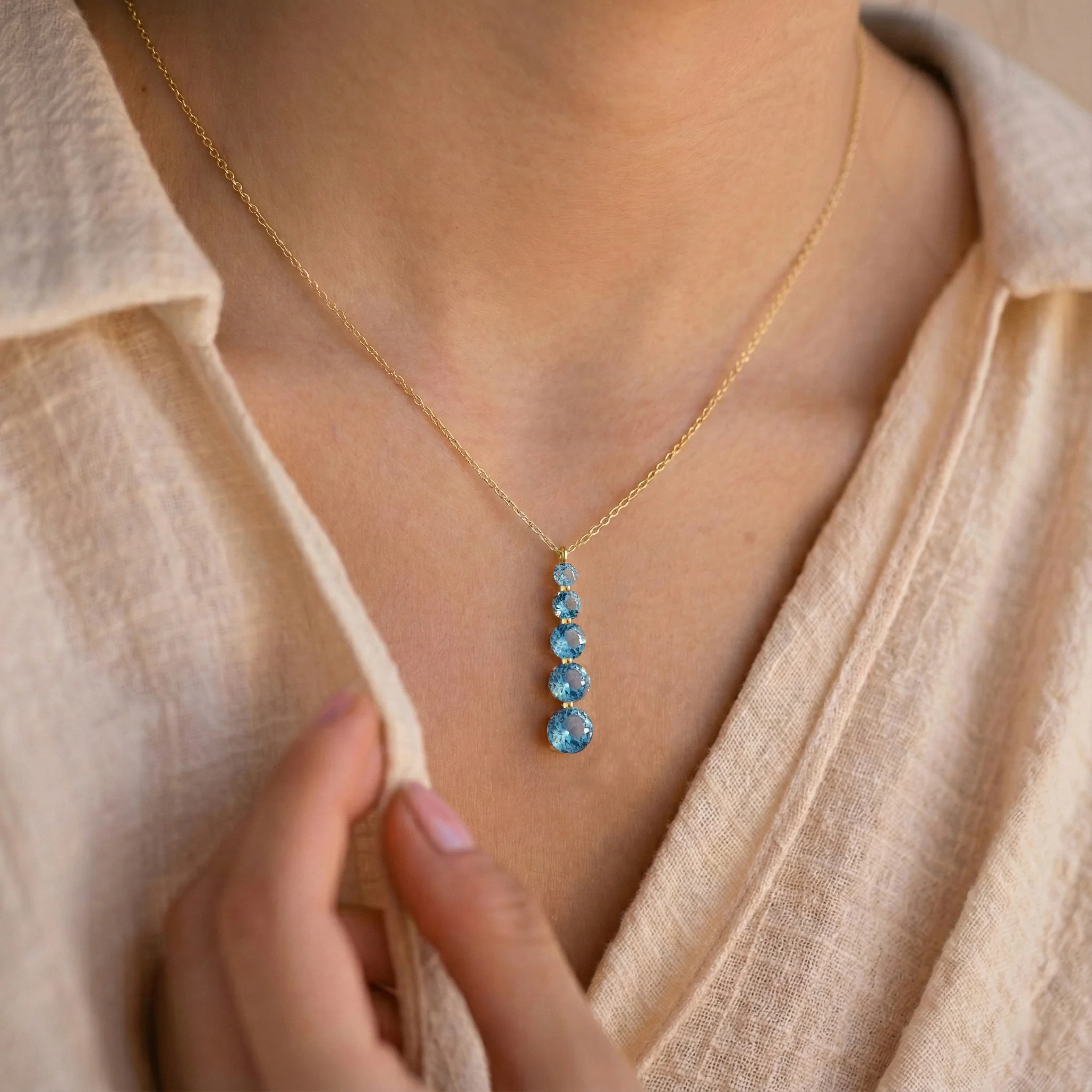 Blue Topaz Round 5 Stone Bar Pendant Necklace in 925 Sterling Silver 3.90ct - Image 14