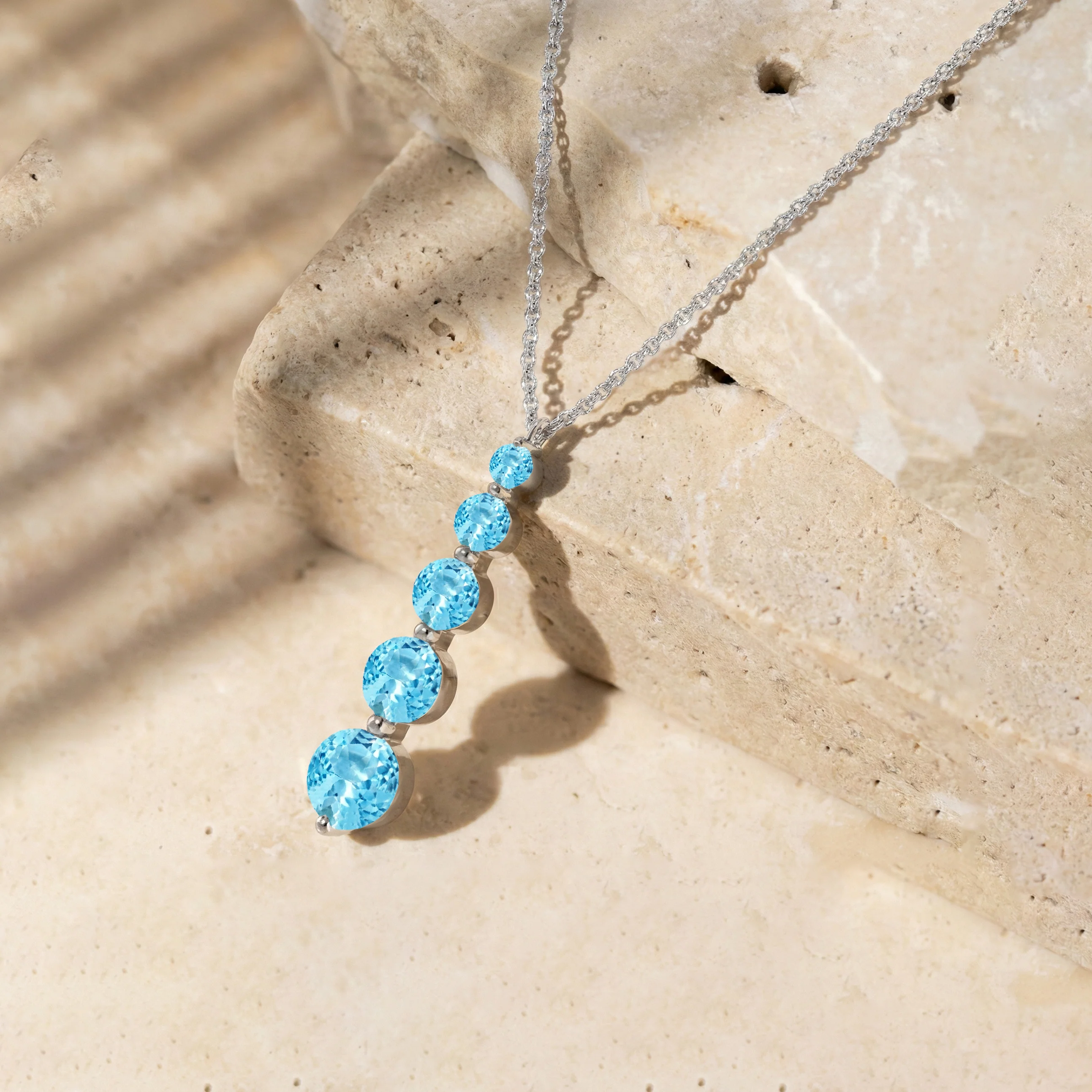Blue Topaz Round 5 Stone Bar Pendant Necklace in 925 Sterling Silver 3.90ct - Image 3