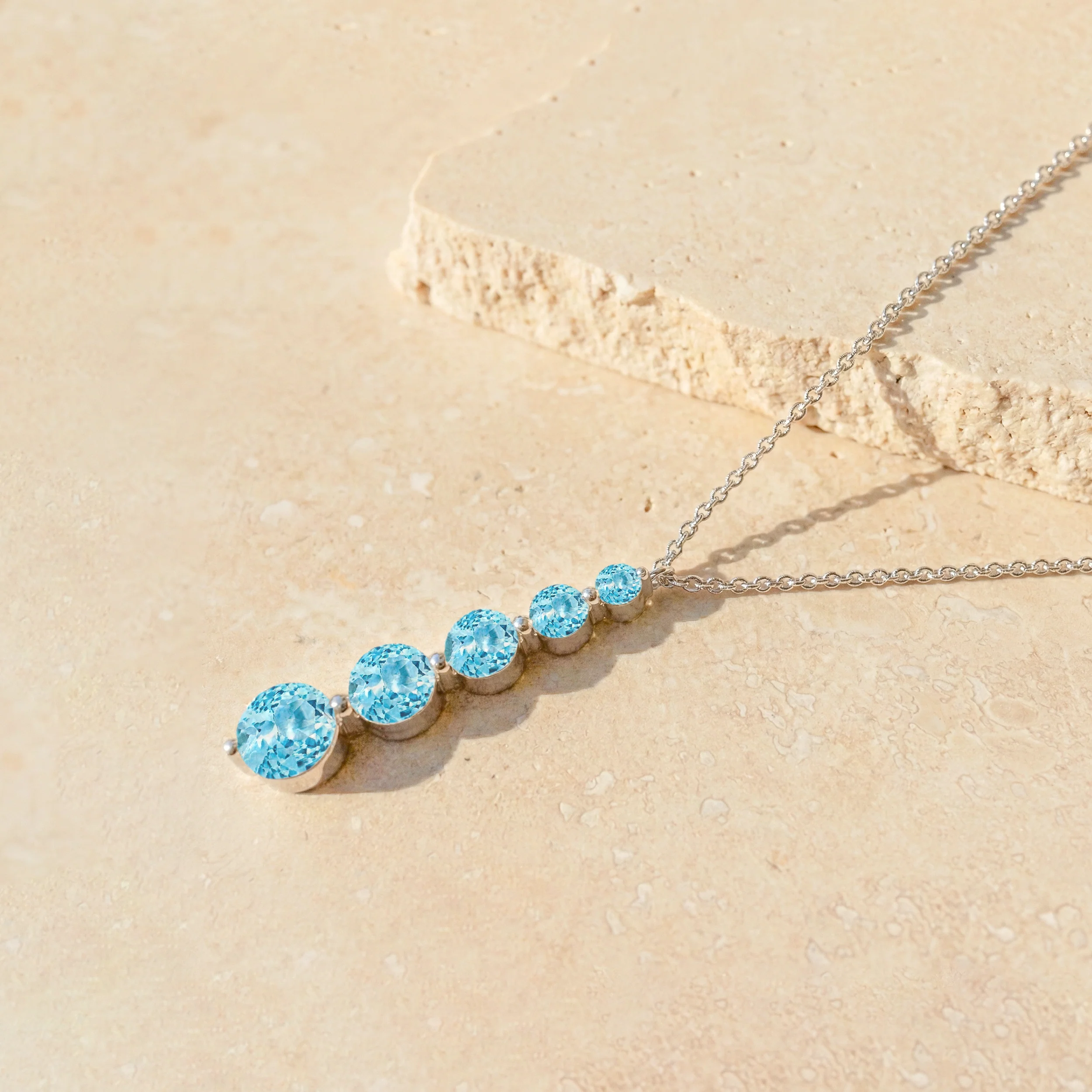 Blue Topaz Round 5 Stone Bar Pendant Necklace in 925 Sterling Silver 3.90ct - Image 4
