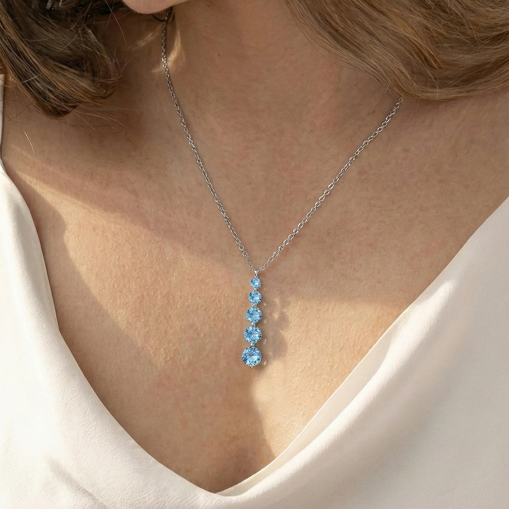 Blue Topaz Round 5 Stone Bar Pendant Necklace in 925 Sterling Silver 3.90ct - Image 6