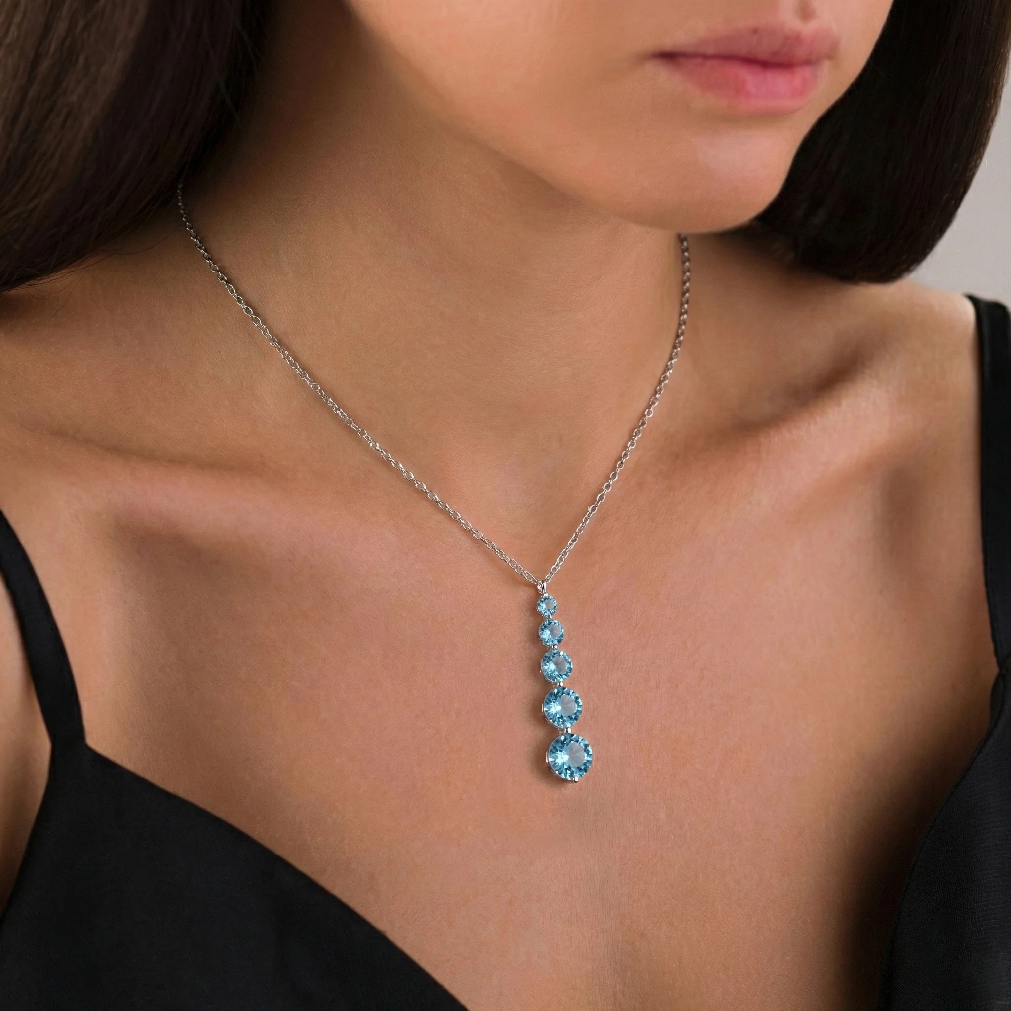 Blue Topaz Round 5 Stone Bar Pendant Necklace in 925 Sterling Silver 3.90ct - Image 7