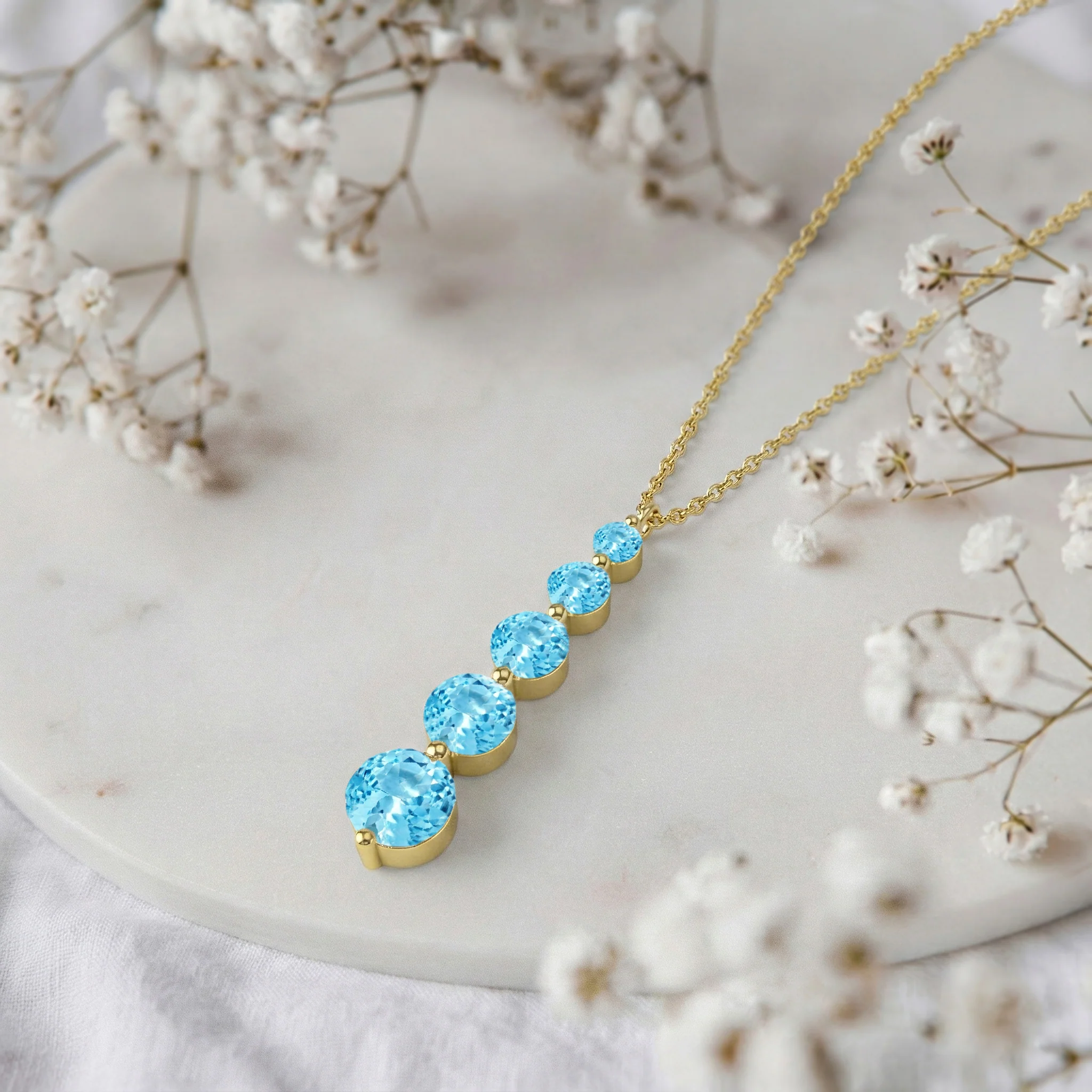 Blue Topaz Round 5 Stone Bar Pendant Necklace in 925 Sterling Silver 3.90ct - Image 9