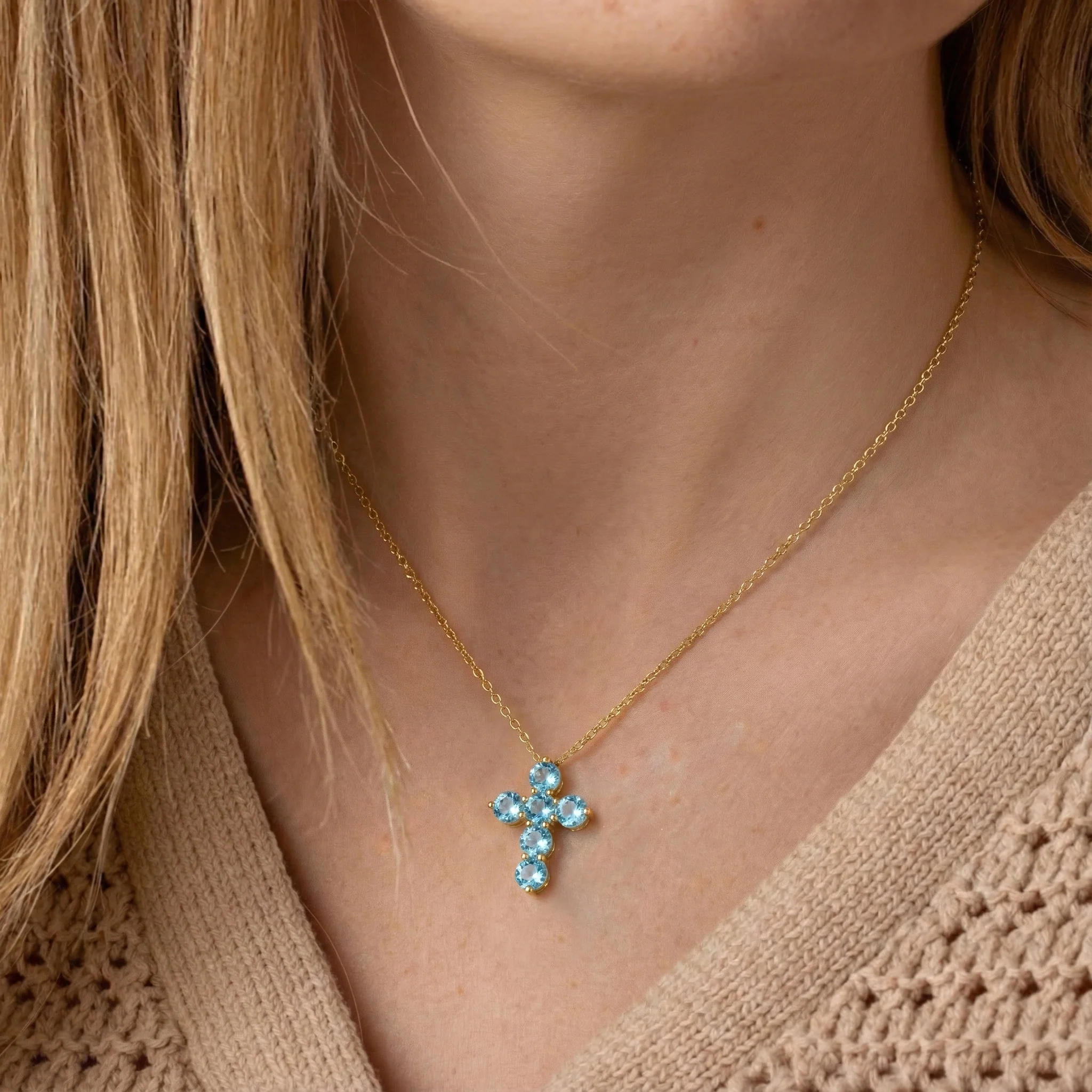 Blue Topaz Round Cross Pendant Necklace in 925 Sterling Silver 3.90ct - Image 11