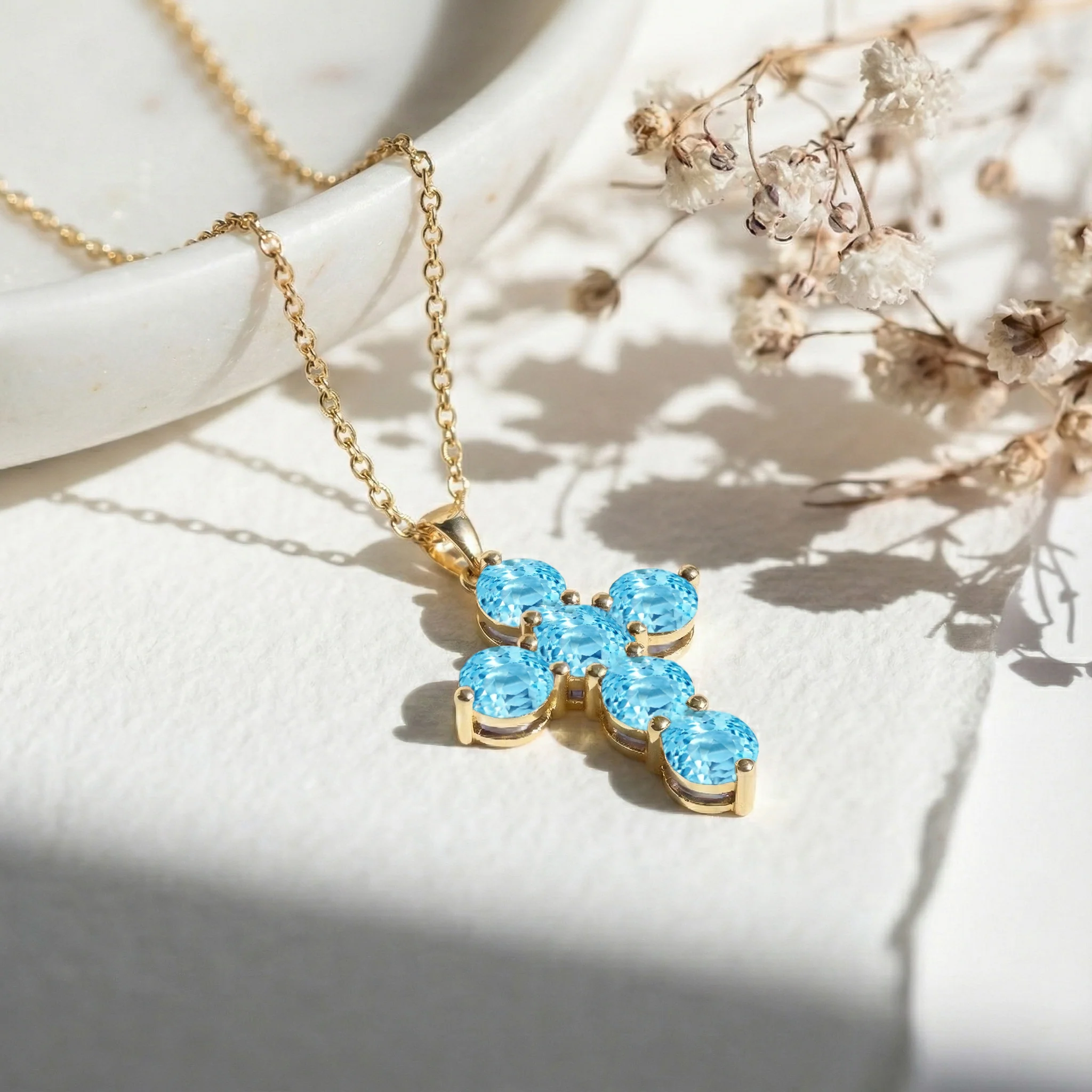 Blue Topaz Round Cross Pendant Necklace in 925 Sterling Silver 3.90ct - Image 13