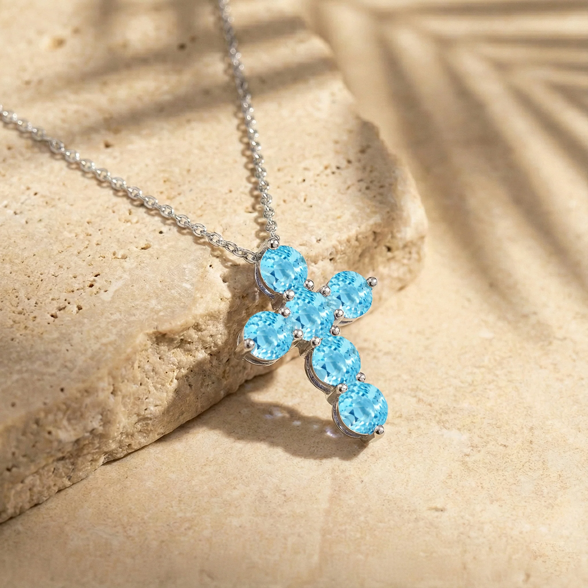 Blue Topaz Round Cross Pendant Necklace in 925 Sterling Silver 3.90ct - Image 3