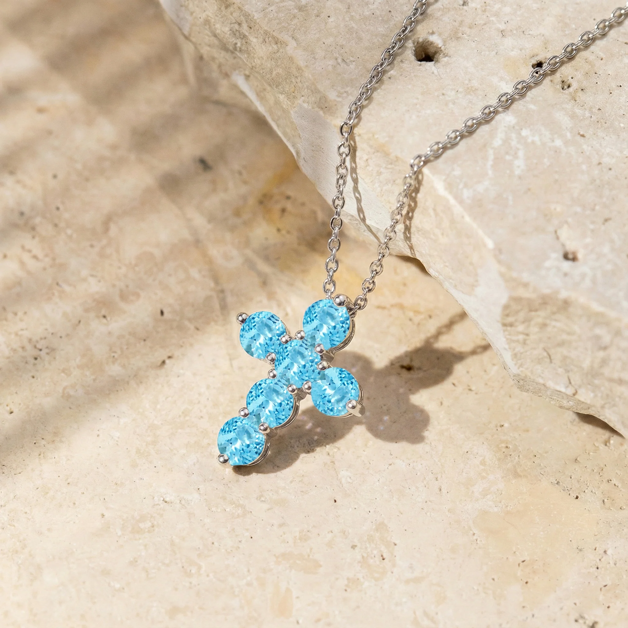 Blue Topaz Round Cross Pendant Necklace in 925 Sterling Silver 3.90ct - Image 4