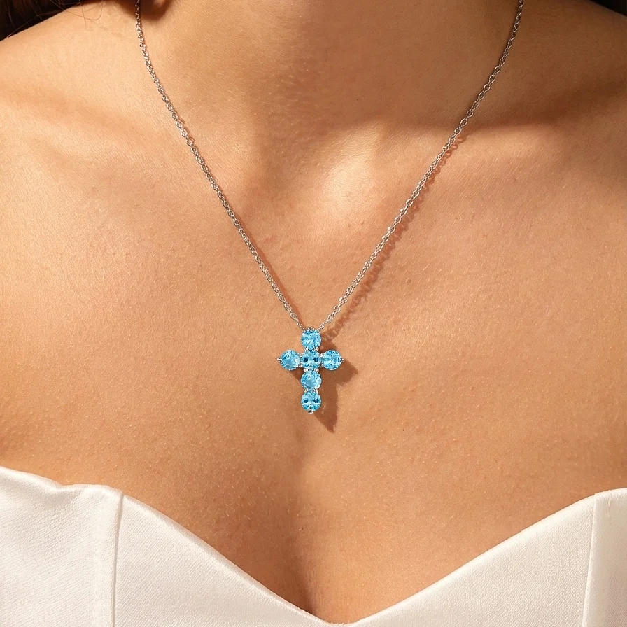 Blue Topaz Round Cross Pendant Necklace in 925 Sterling Silver 3.90ct - Image 5