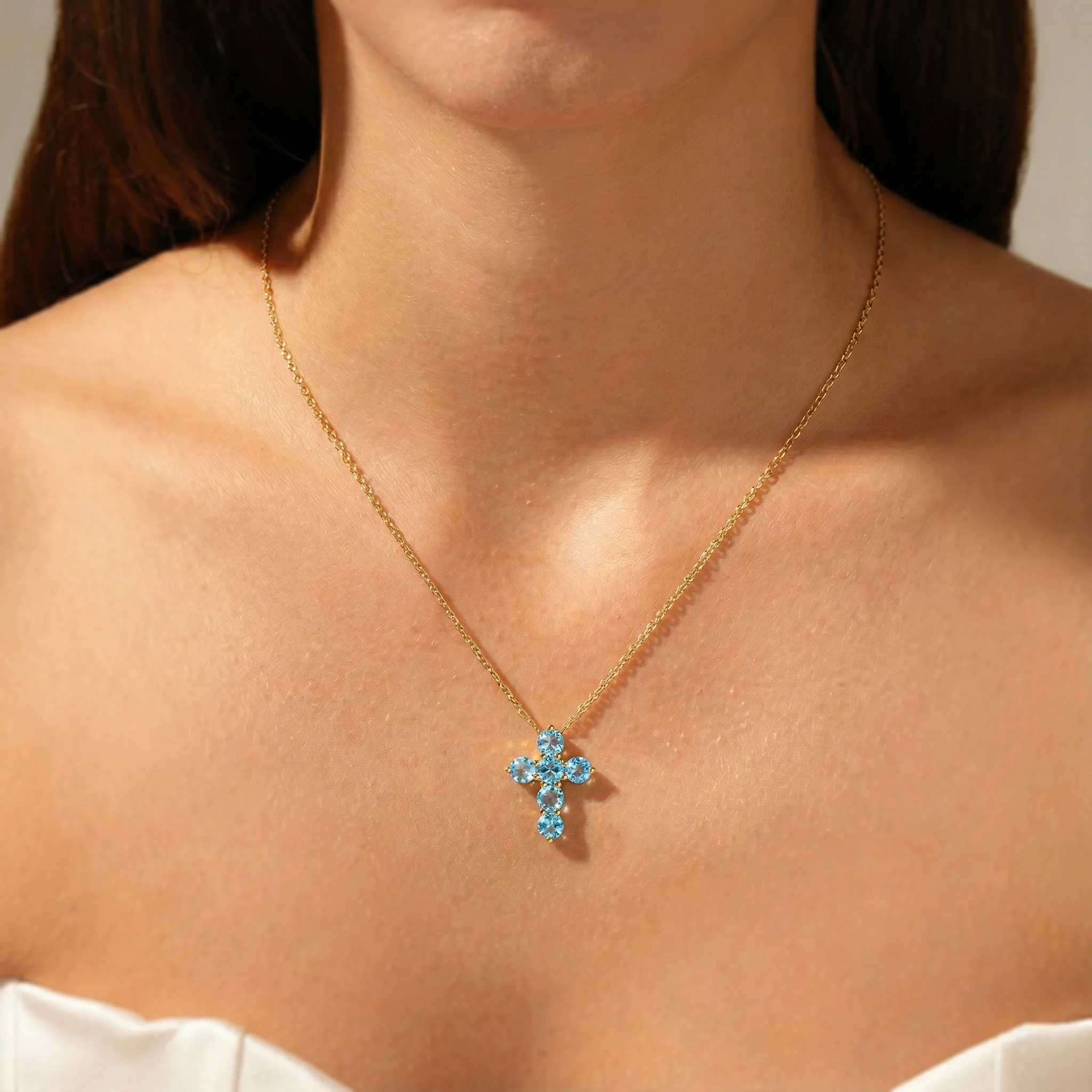 Blue Topaz Round Cross Pendant Necklace in 925 Sterling Silver 3.90ct - Image 9