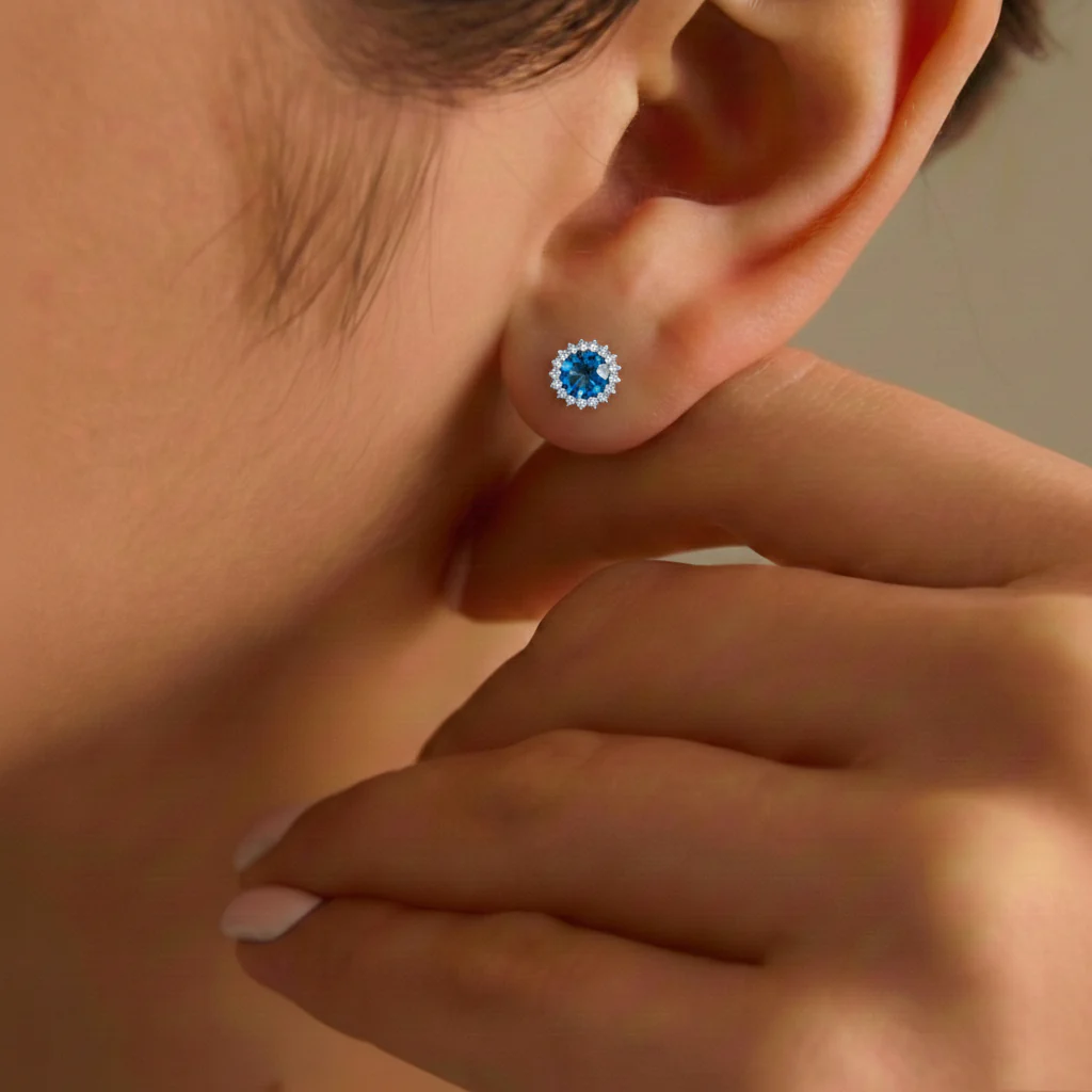 Blue Topaz Round Halo Stud Earrings in 925 Sterling Silver 5 MM 1.3ct - Image 3