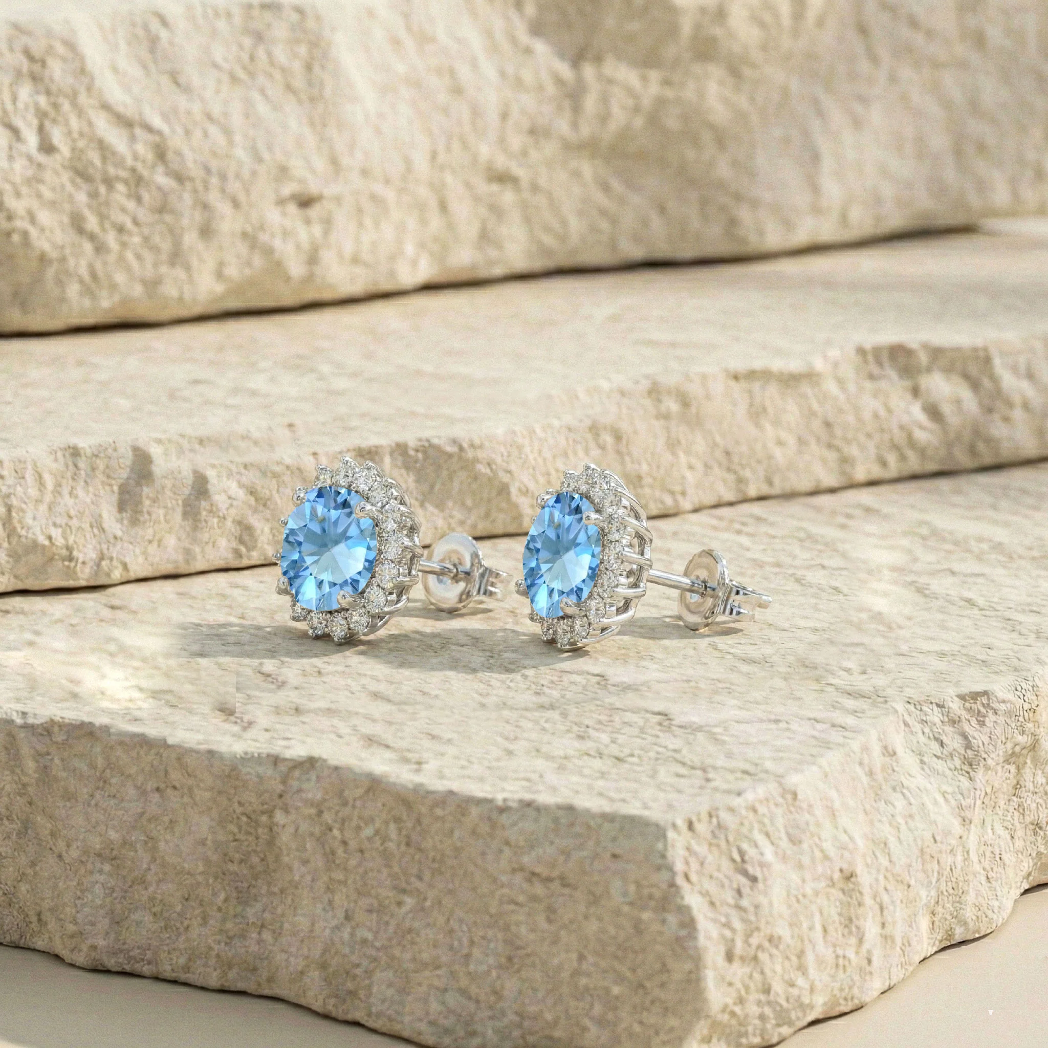 Blue Topaz Round Halo Stud Earrings in 925 Sterling Silver 5 MM 1.3ct - Image 7