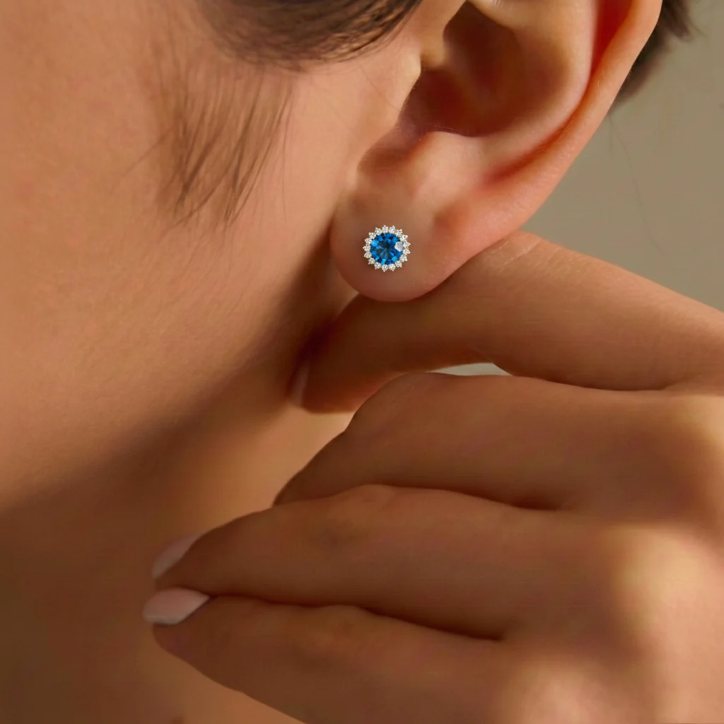 Blue Topaz Round Halo Stud Earrings in 925 Sterling Silver 5 MM 1.3ct - Image 8