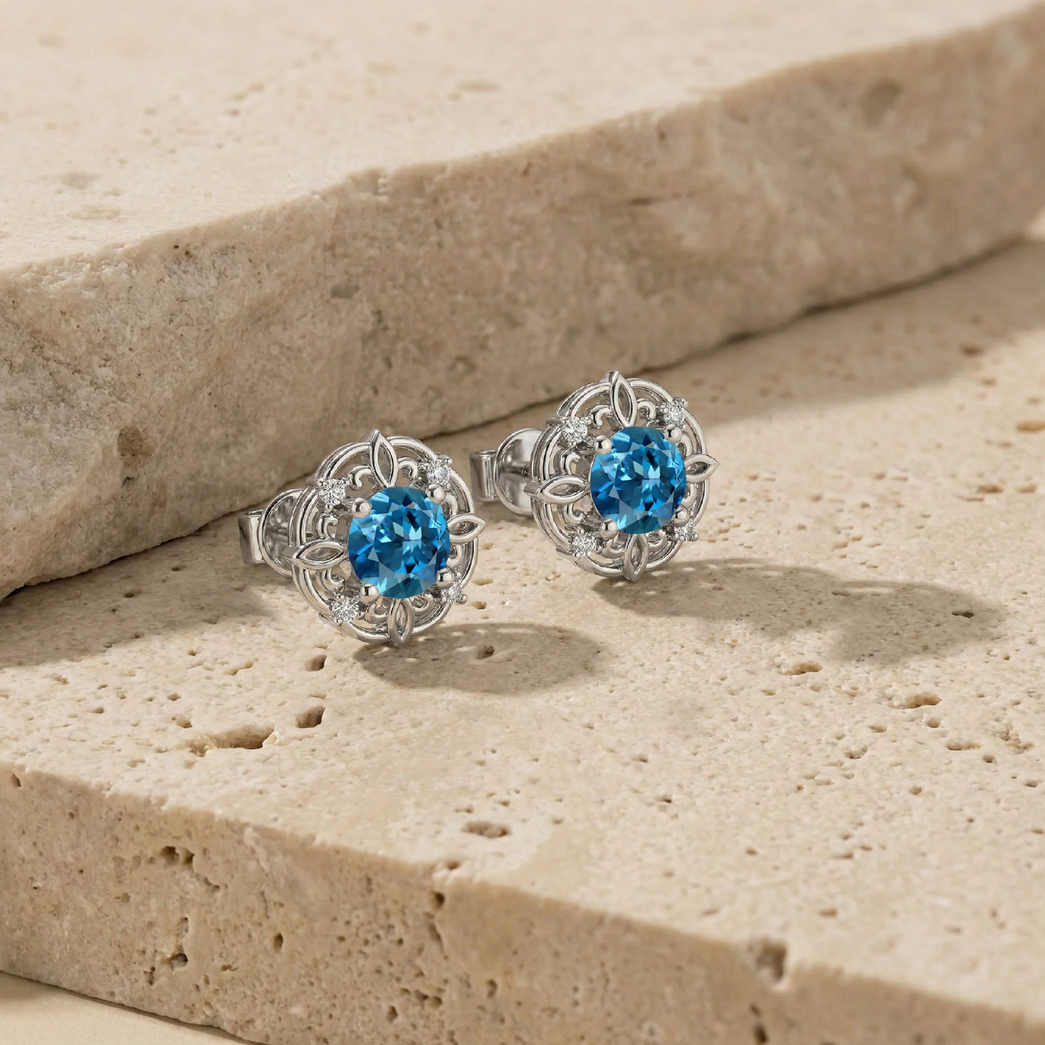 Blue Topaz Round Halo Stud Earrings in 925 Sterling Silver 5MM 1.30ct - Image 3
