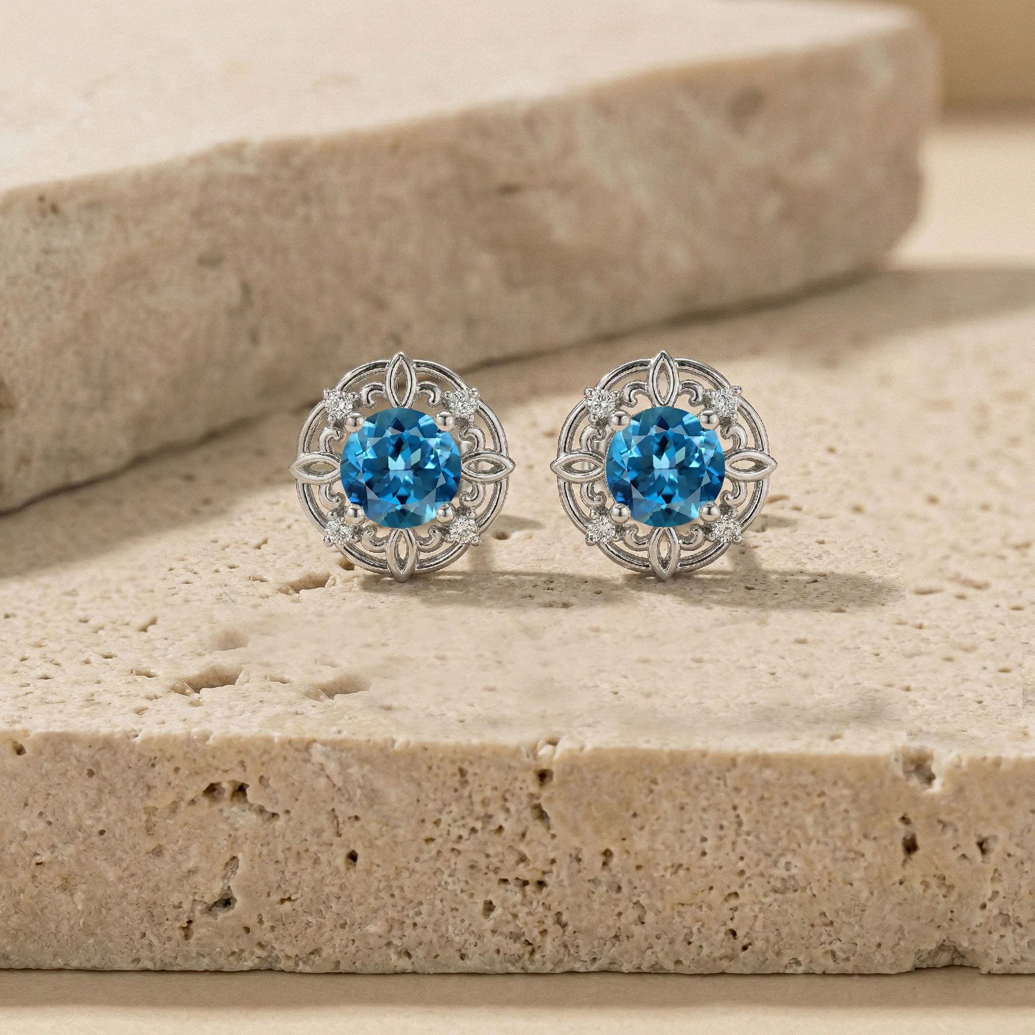 Blue Topaz Round Halo Stud Earrings in 925 Sterling Silver 5MM 1.30ct - Image 4