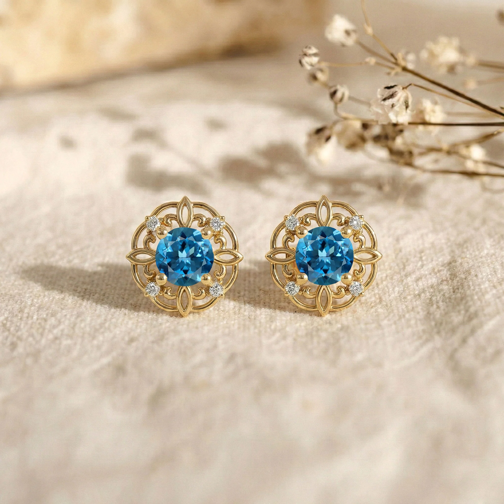 Blue Topaz Round Halo Stud Earrings in 925 Sterling Silver 5MM 1.30ct - Image 9