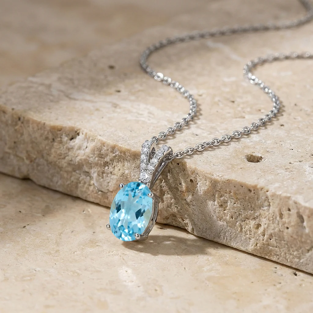 Blue Topaz Solitaire Pendant Necklace in 925 Sterling Silver 1.2ct - Image 3