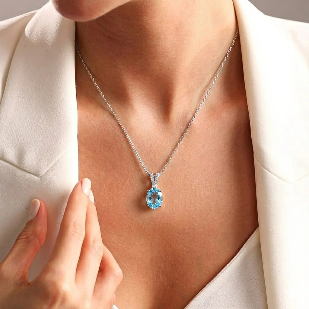 Blue Topaz Solitaire Pendant Necklace in 925 Sterling Silver 1.2ct - Image 6
