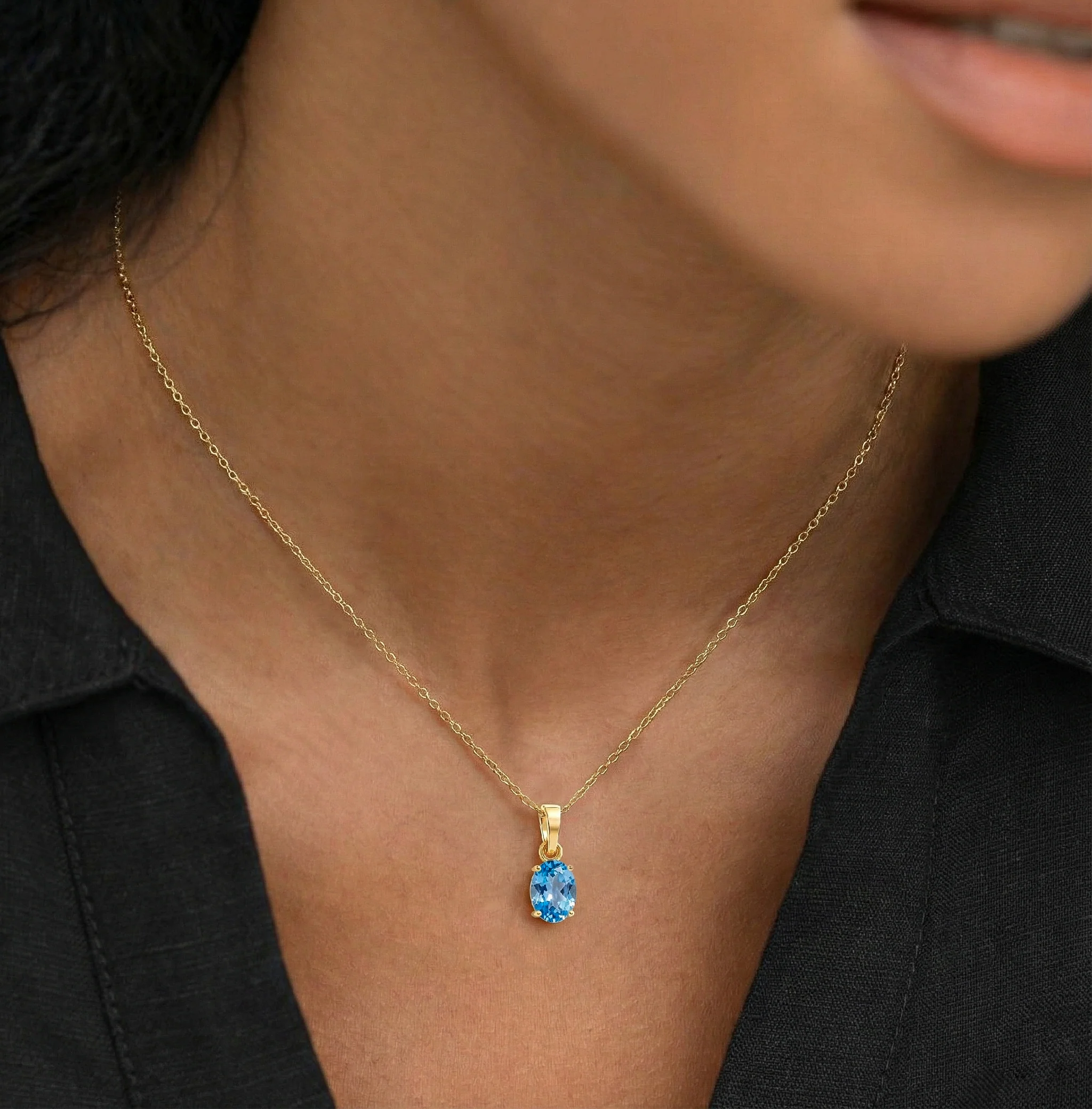 Blue Topaz Solitaire Pendant Necklace in 925 Sterling Silver 9x7 MM 1.4ct - Image 10