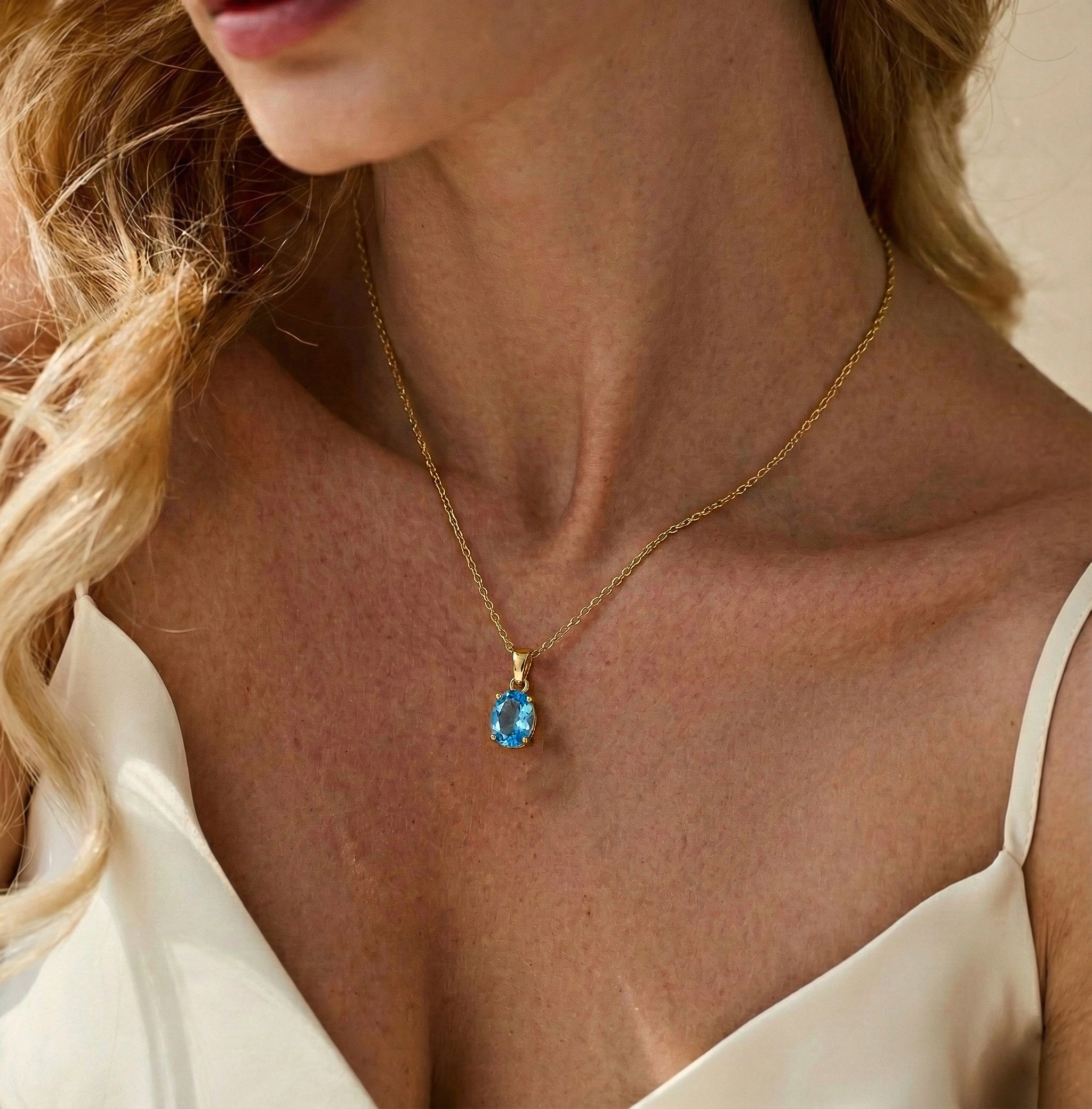 Blue Topaz Solitaire Pendant Necklace in 925 Sterling Silver 9x7 MM 1.4ct - Image 11