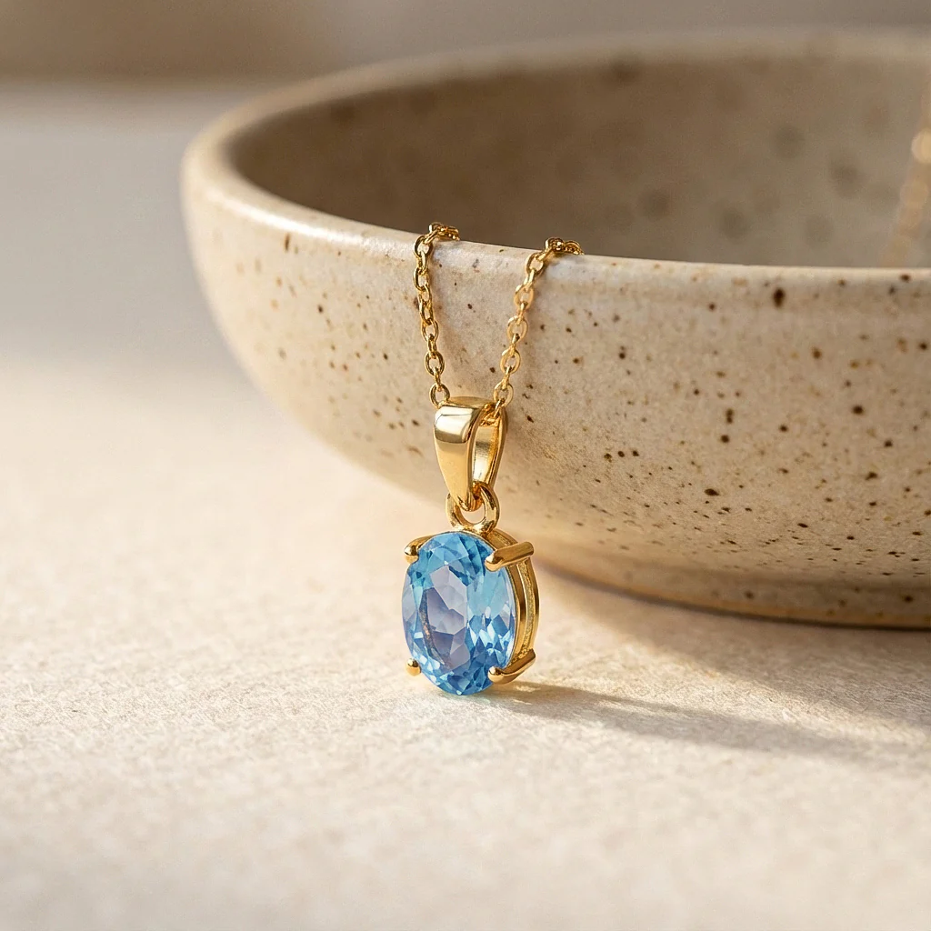 Blue Topaz Solitaire Pendant Necklace in 925 Sterling Silver 9x7 MM 1.4ct - Image 12