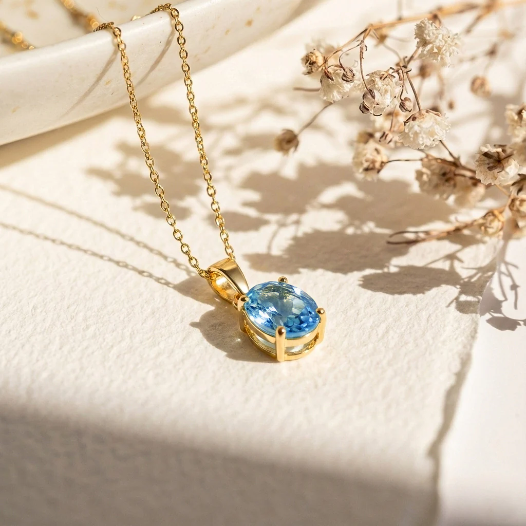 Blue Topaz Solitaire Pendant Necklace in 925 Sterling Silver 9x7 MM 1.4ct - Image 13