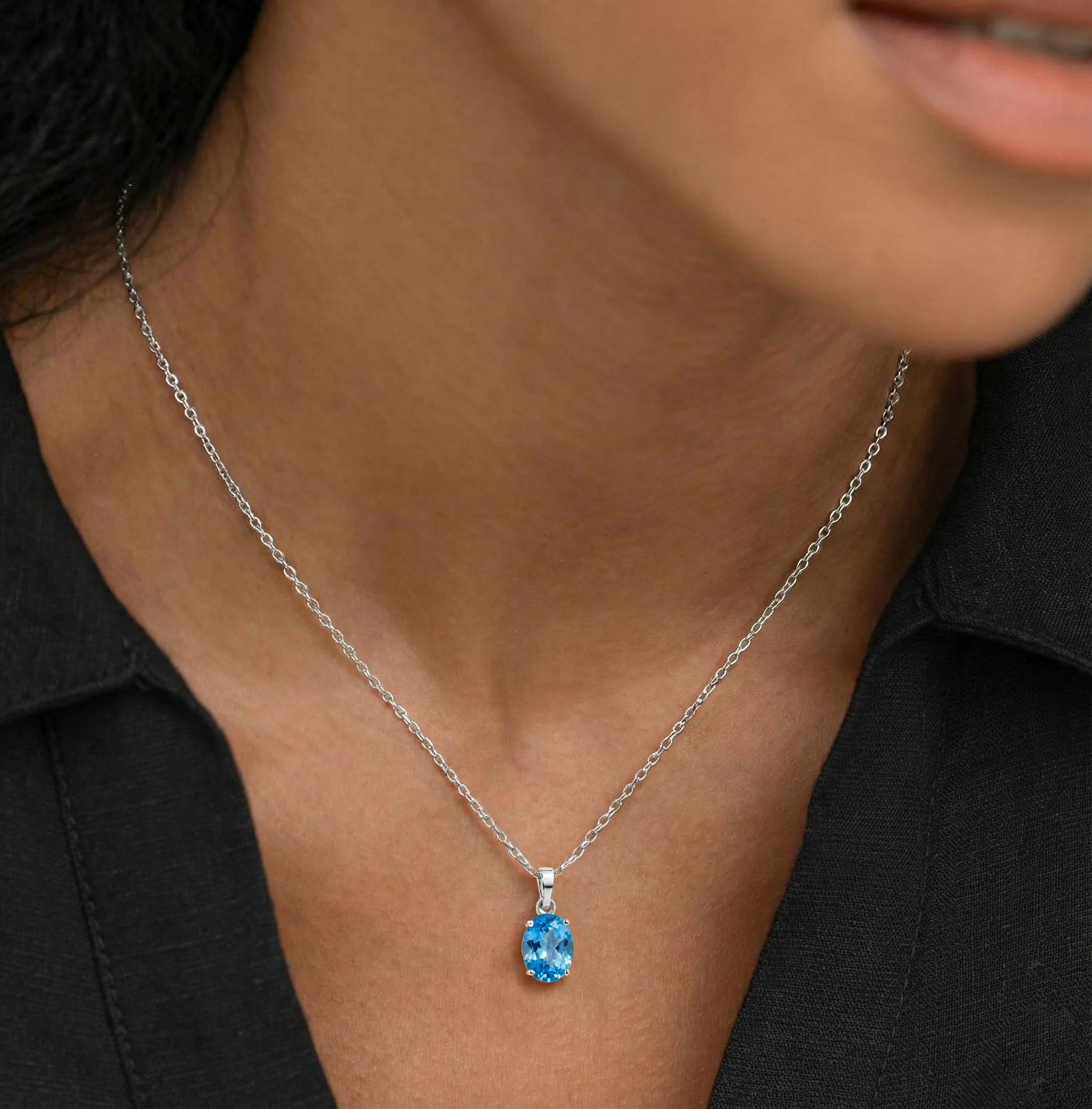 Blue Topaz Solitaire Pendant Necklace in 925 Sterling Silver 9x7 MM 1.4ct - Image 3