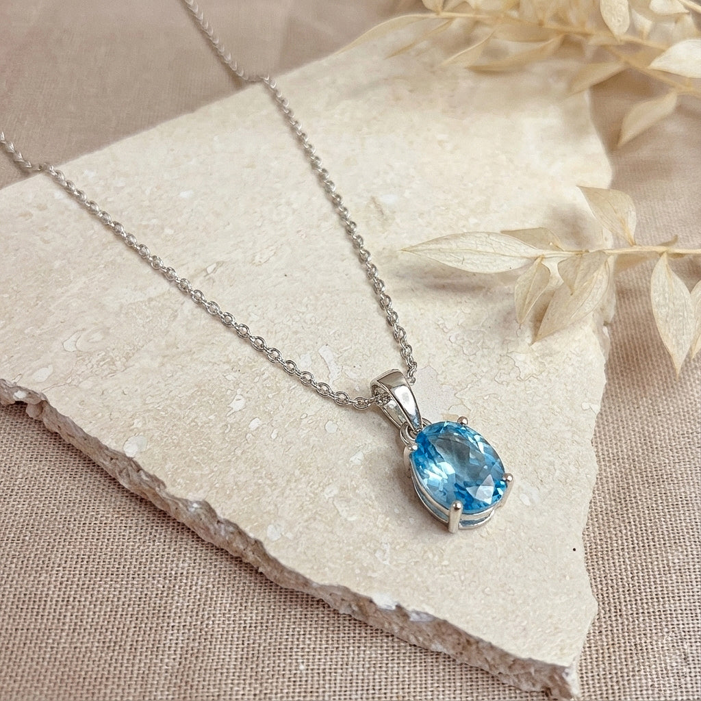Blue Topaz Solitaire Pendant Necklace in 925 Sterling Silver 9x7 MM 1.4ct - Image 5
