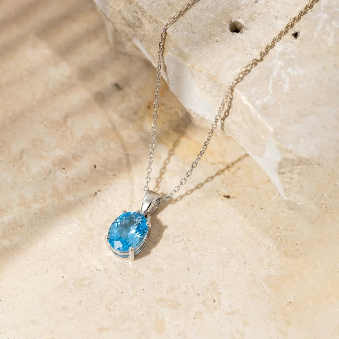 Blue Topaz Solitaire Pendant Necklace in 925 Sterling Silver 9x7 MM 1.4ct - Image 6