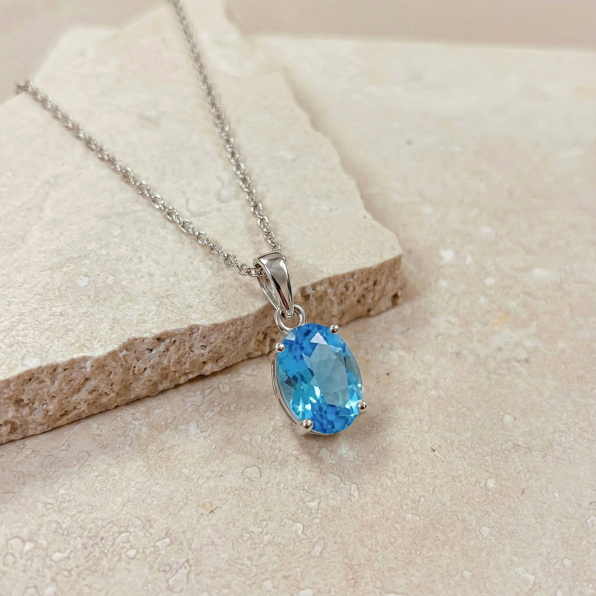 Blue Topaz Solitaire Pendant Necklace in 925 Sterling Silver 9x7 MM 1.4ct - Image 7