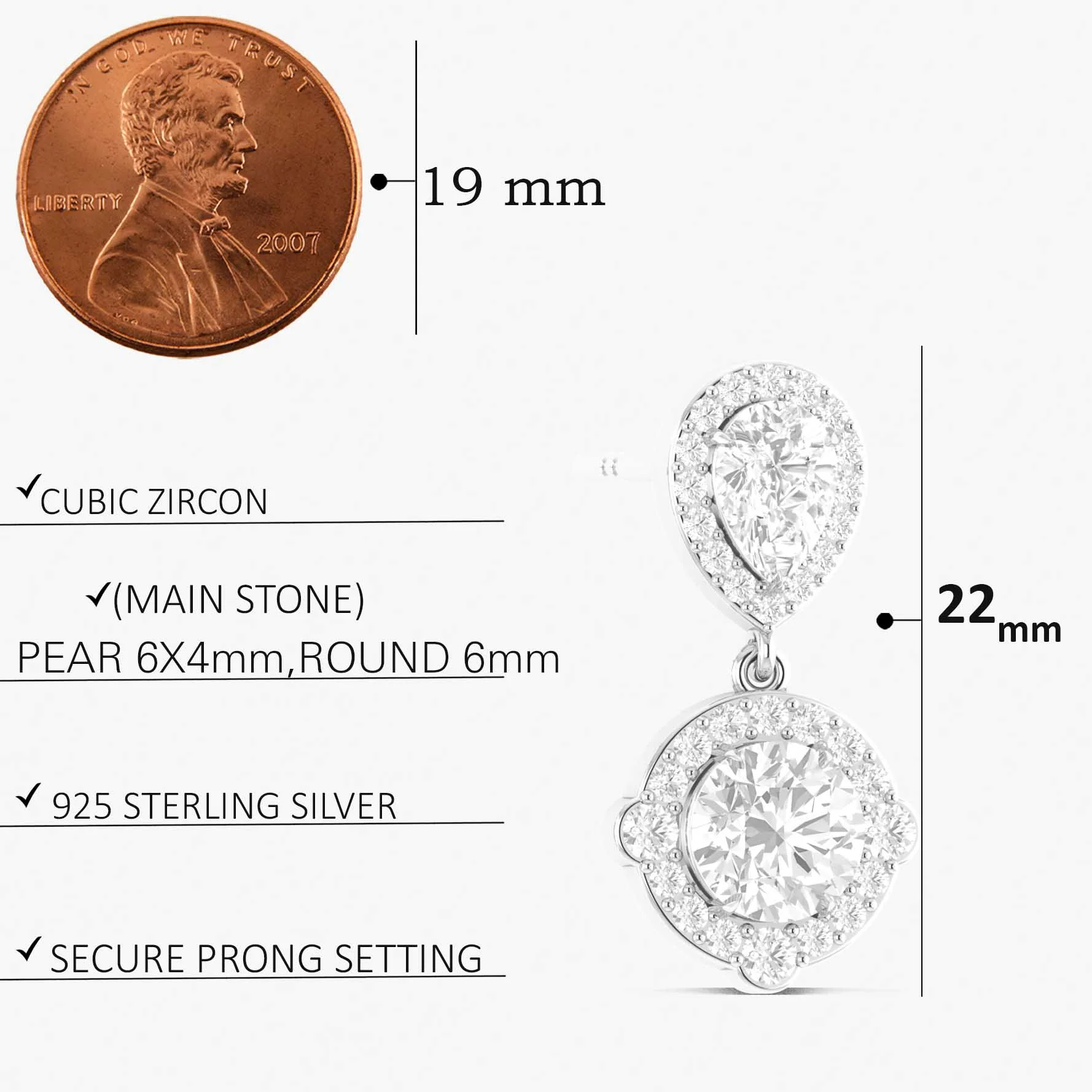 Cubic Zirconia Pear Round Halo Drop Earring in 925 Silver 3ct - Image 6