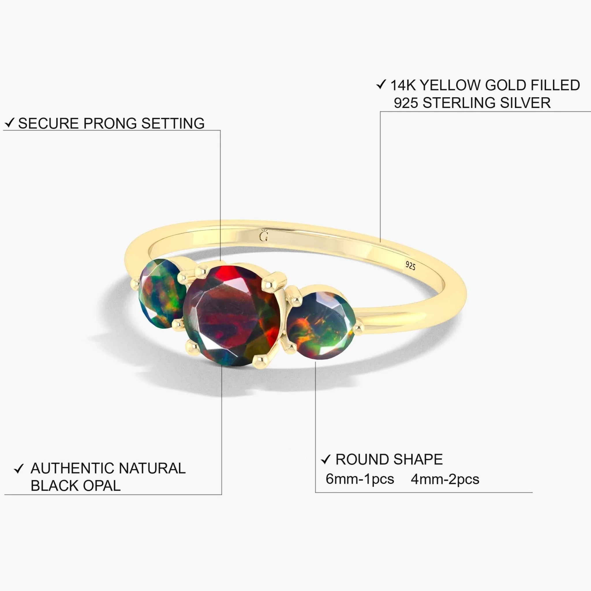 Dainty 3 Round Black fire Opal ring for women - Image 3