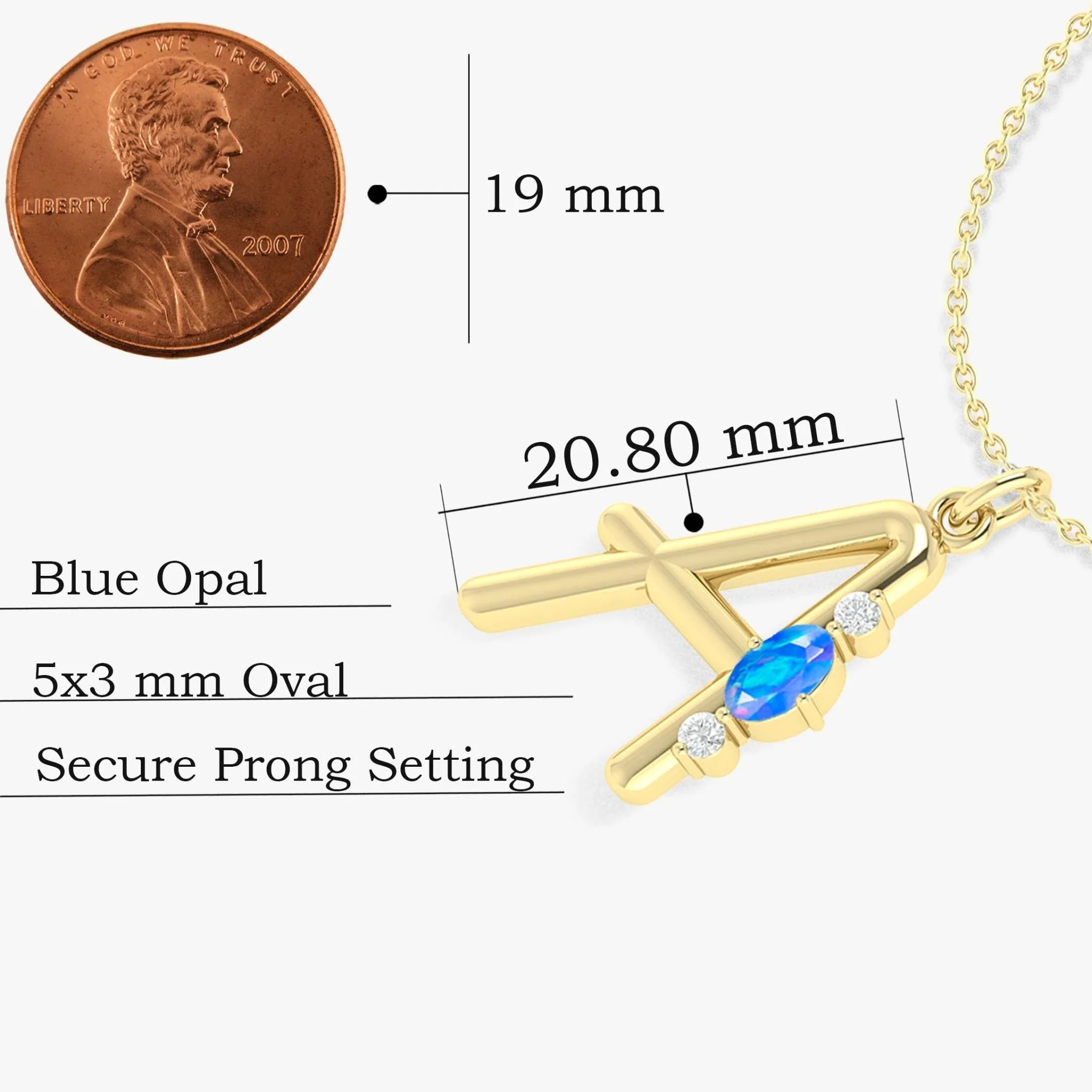 Delicate A Initial Pendant with Natural Blue Opal Glow & Zircon Sparkle - Image 5