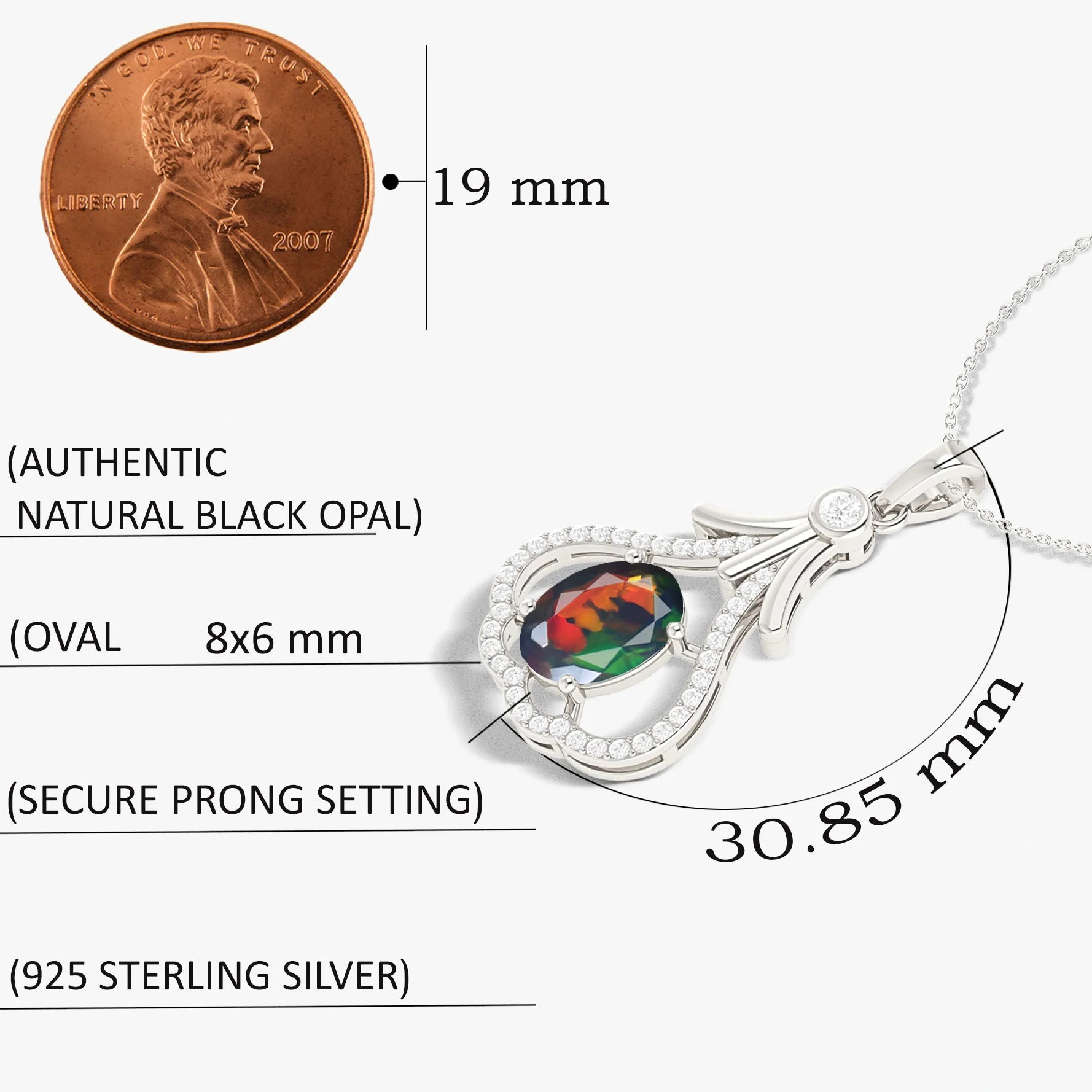 Designer Tear Drop Style Chain Pendant Necklace Natural Black Opal in Silver - Image 5