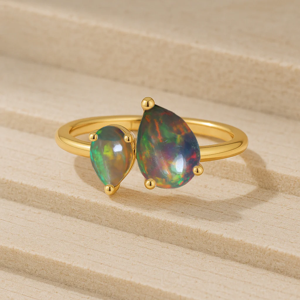 Double Pear Cut Black Opal Ring in 925 Silver Luxury Opal Jewelry - Image 10