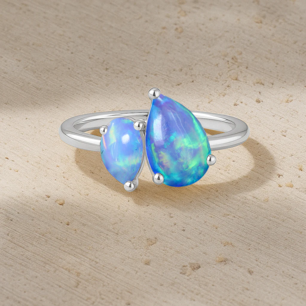 Double Pear Cut Blue Opal Ring in 925 Silver Luxury Opal Jewelry - Image 5