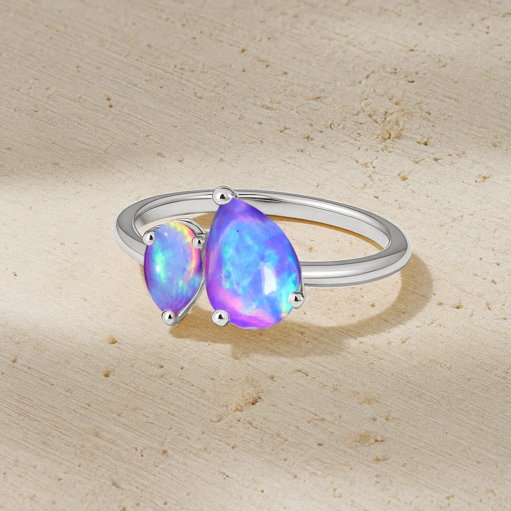 Double Pear Cut Lavender Opal Ring in 925 Silver Luxury Opal Jewelry - Image 2